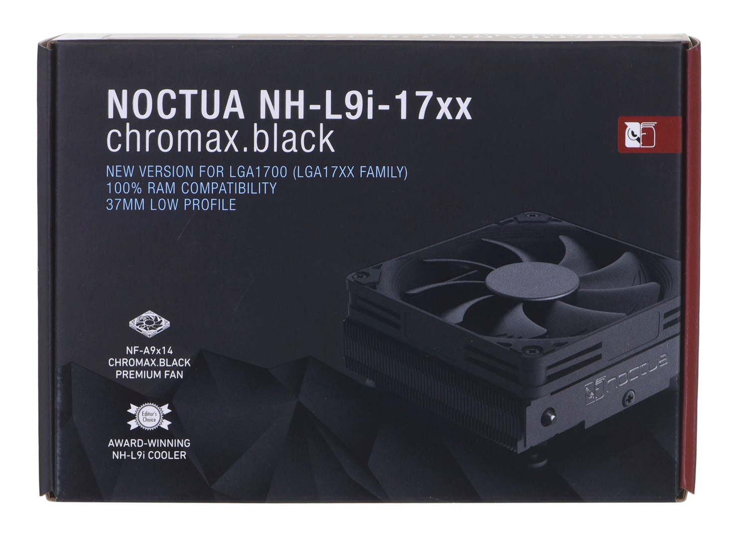 Czarny karton chłodnicy Noctua NH-L9i-17xx chromax.black. Zawiera szczegóły produktu, obraz chłodnicy i logo Noctua.