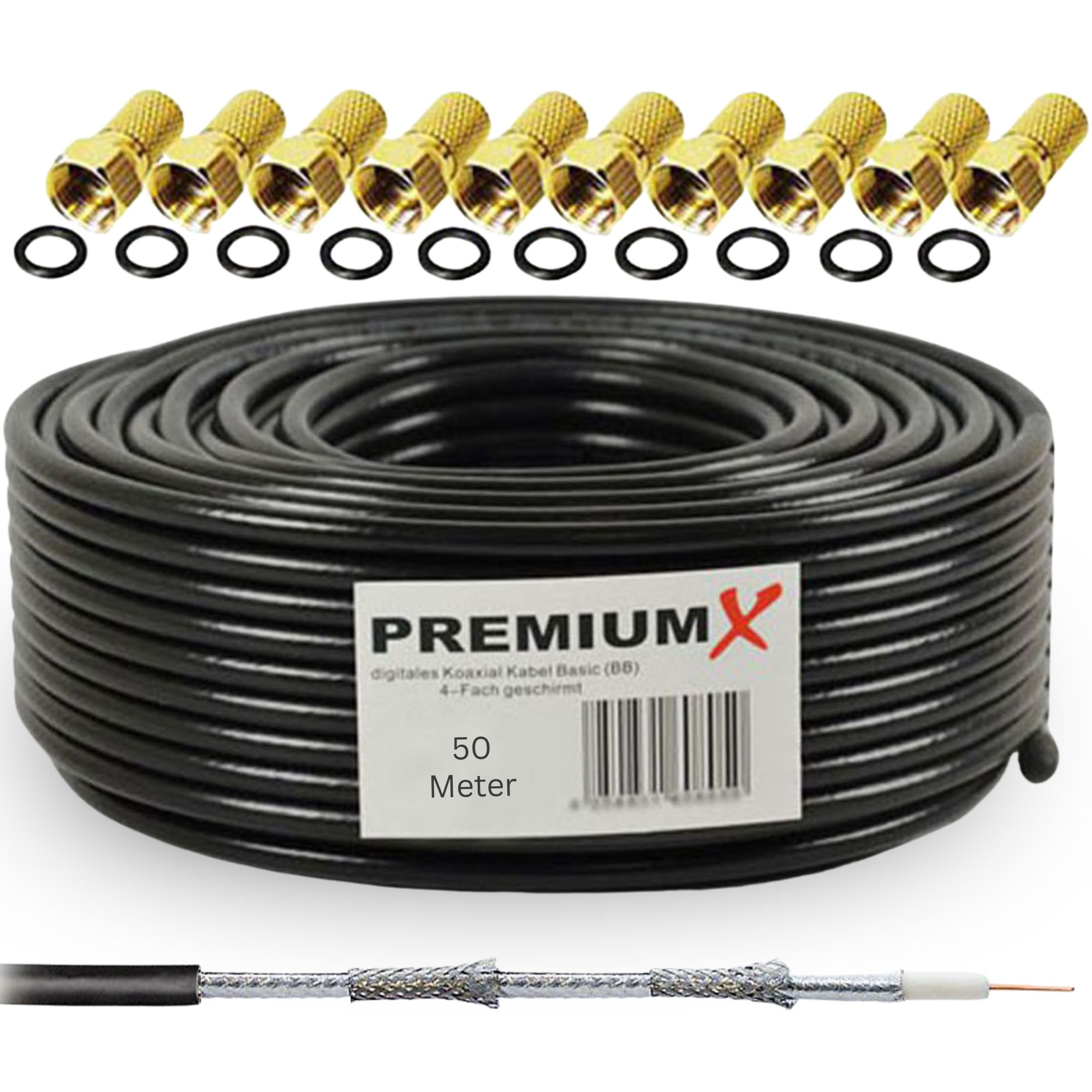 Koaxialkabelrolle mit Steckern. Goldstecker, schwarzes Kabel und ein Etikett mit 'PREMIUM'. Außerdem das Kabelende.