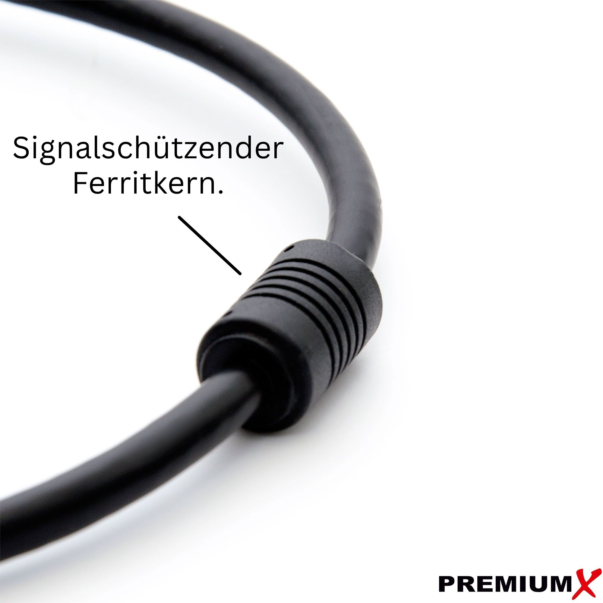 Schwarzes Kabel mit Ferritkern, auf Deutsch beschriftet. Weißer Hintergrund mit Logo rechts unten.