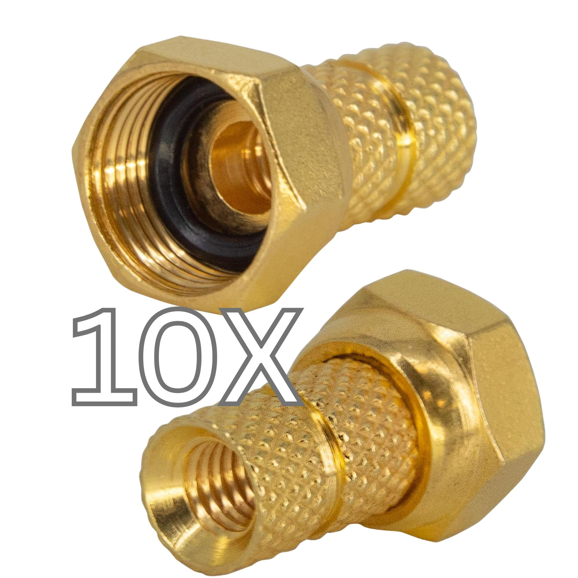 Zwei Messingfittings mit Gewindeende und gerändeltem Abschnitt. Die Nummer 10X befindet sich links unten.