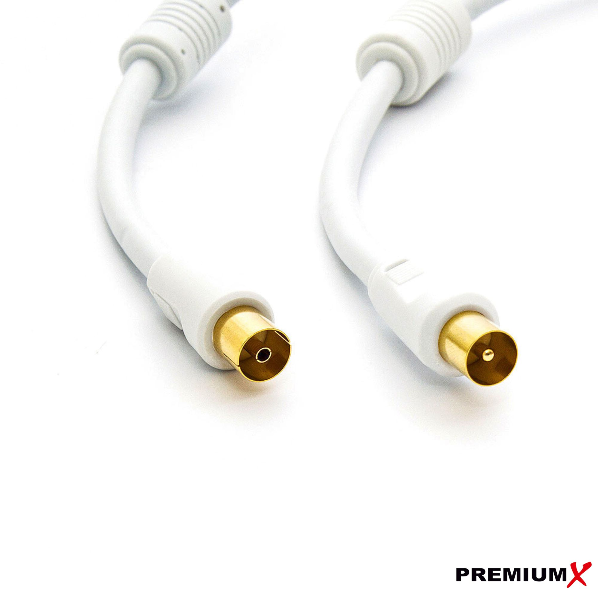 Zwei weiße Koaxialkabel mit Goldsteckern vor weißem Hintergrund.