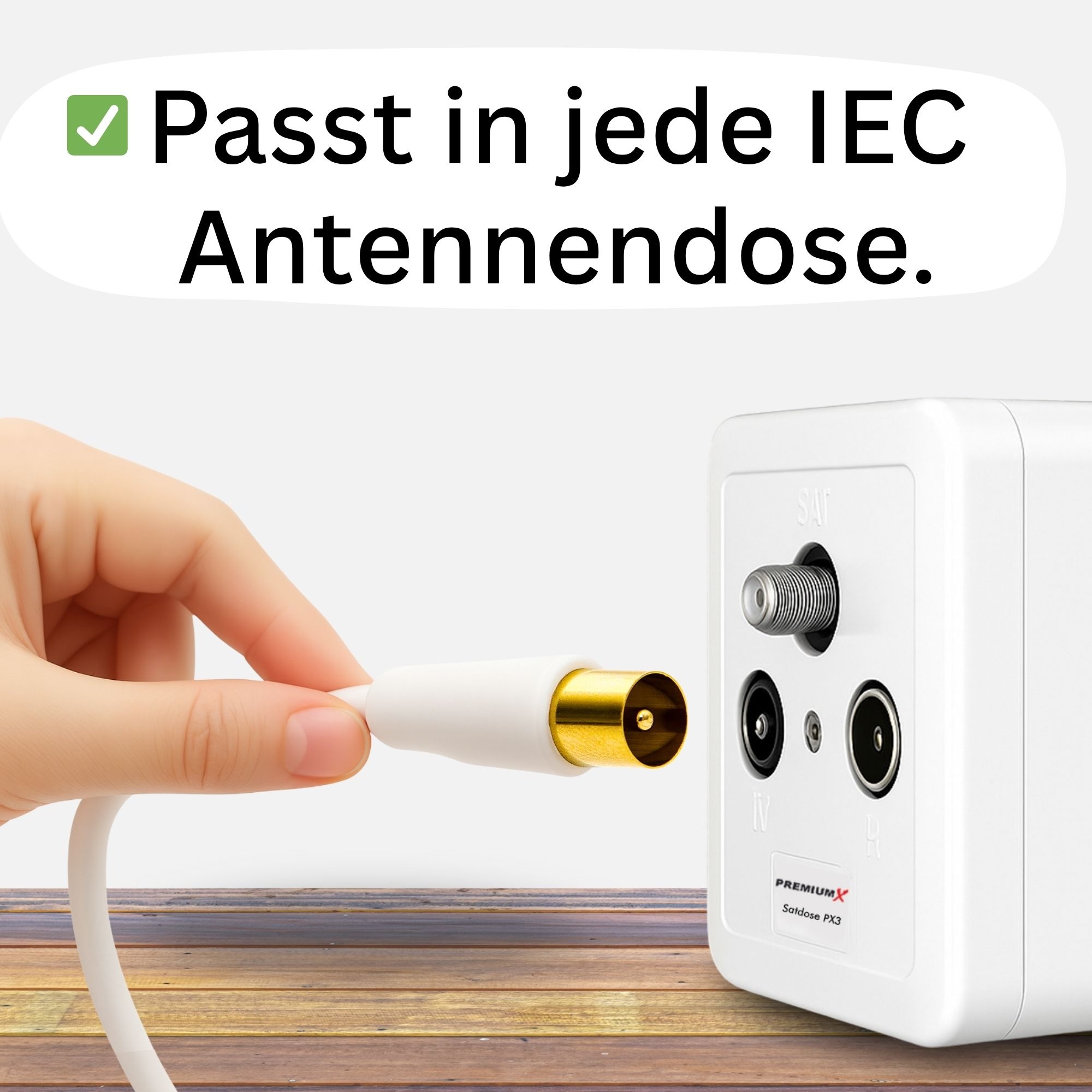 Eine Hand hält ein weißes Kabel mit einem goldenen Stecker in der Nähe einer weißen Box mit der Aufschrift SAT, IV und R.