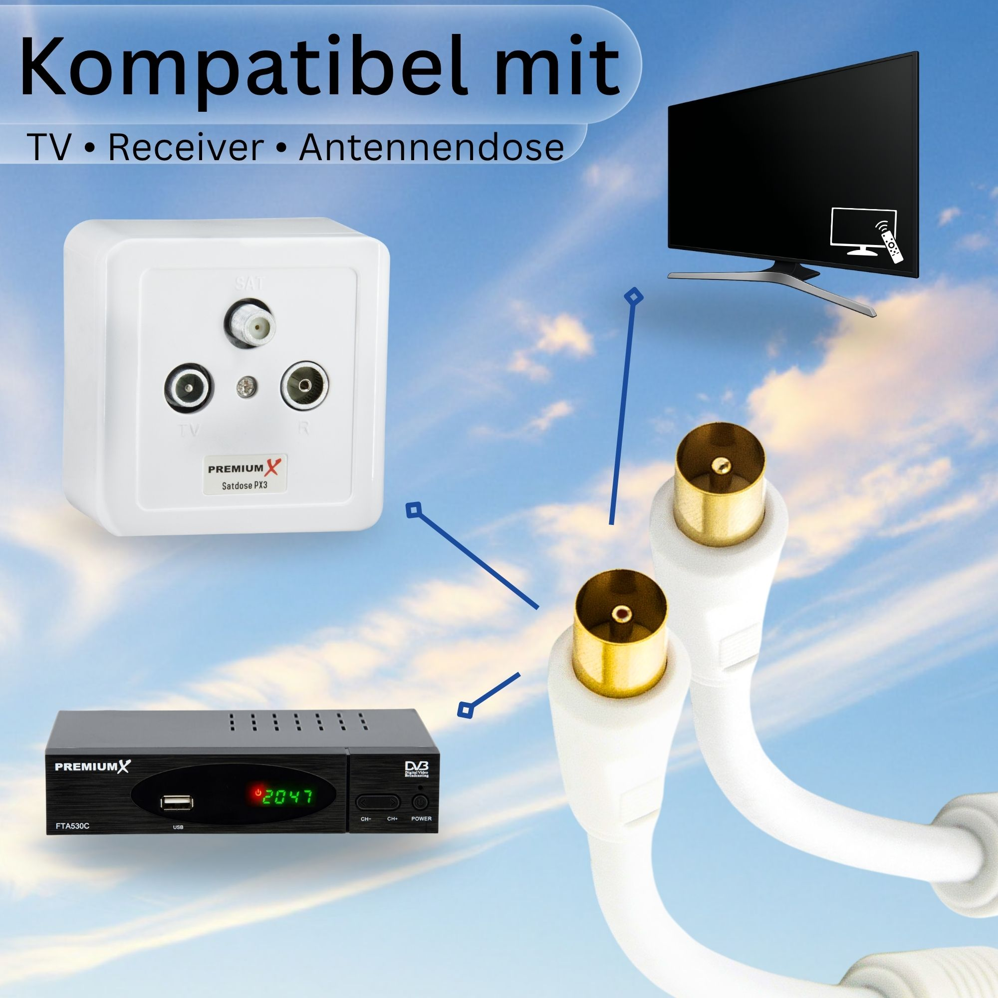 Das Bild zeigt TV-Receiver-Komponenten: eine weiße Wandsteckdose, einen schwarzen Receiver, einen Fernseher und weiße Kabel, vor blauem Himmel.