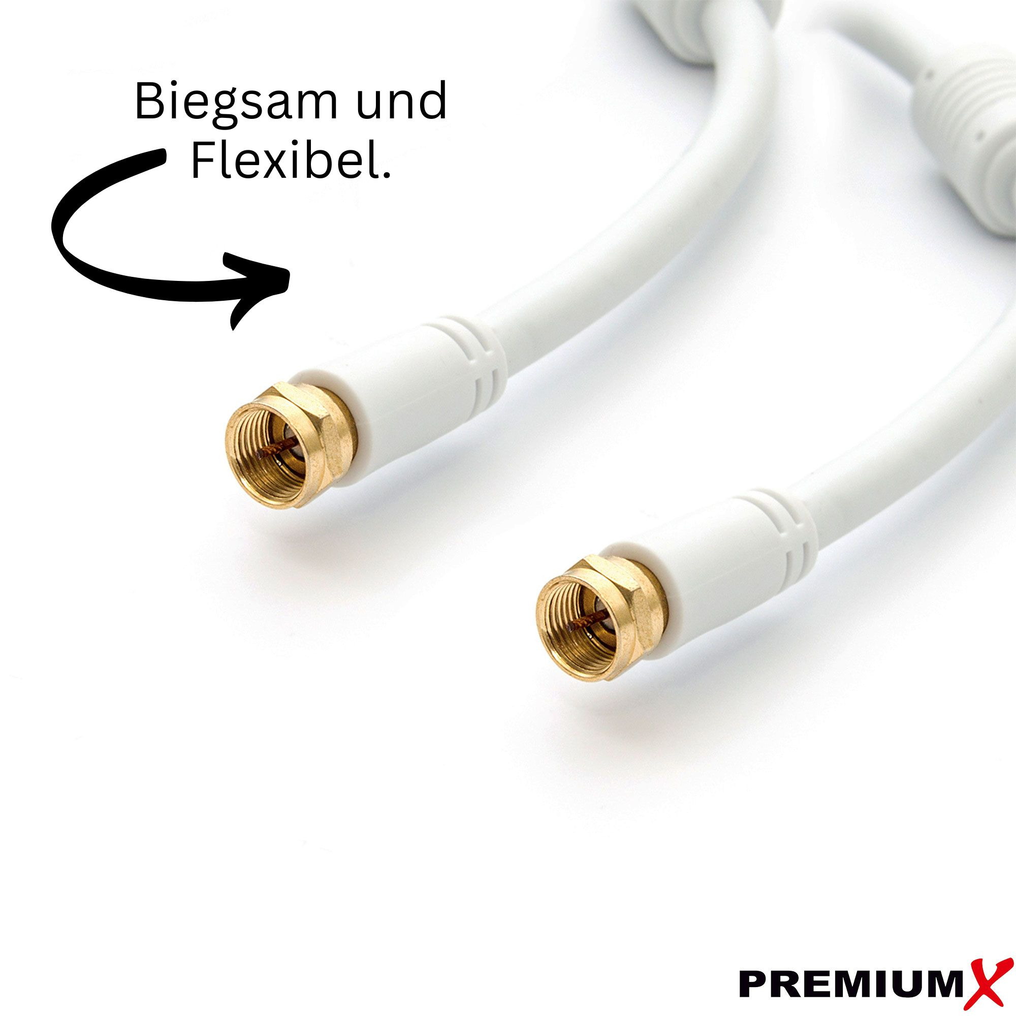 Weißes Kabel mit Goldsteckern. Text: 'Biegsam und Flexibel.' oben links. Weißer Hintergrund. PREMIUMx-Logo unten.