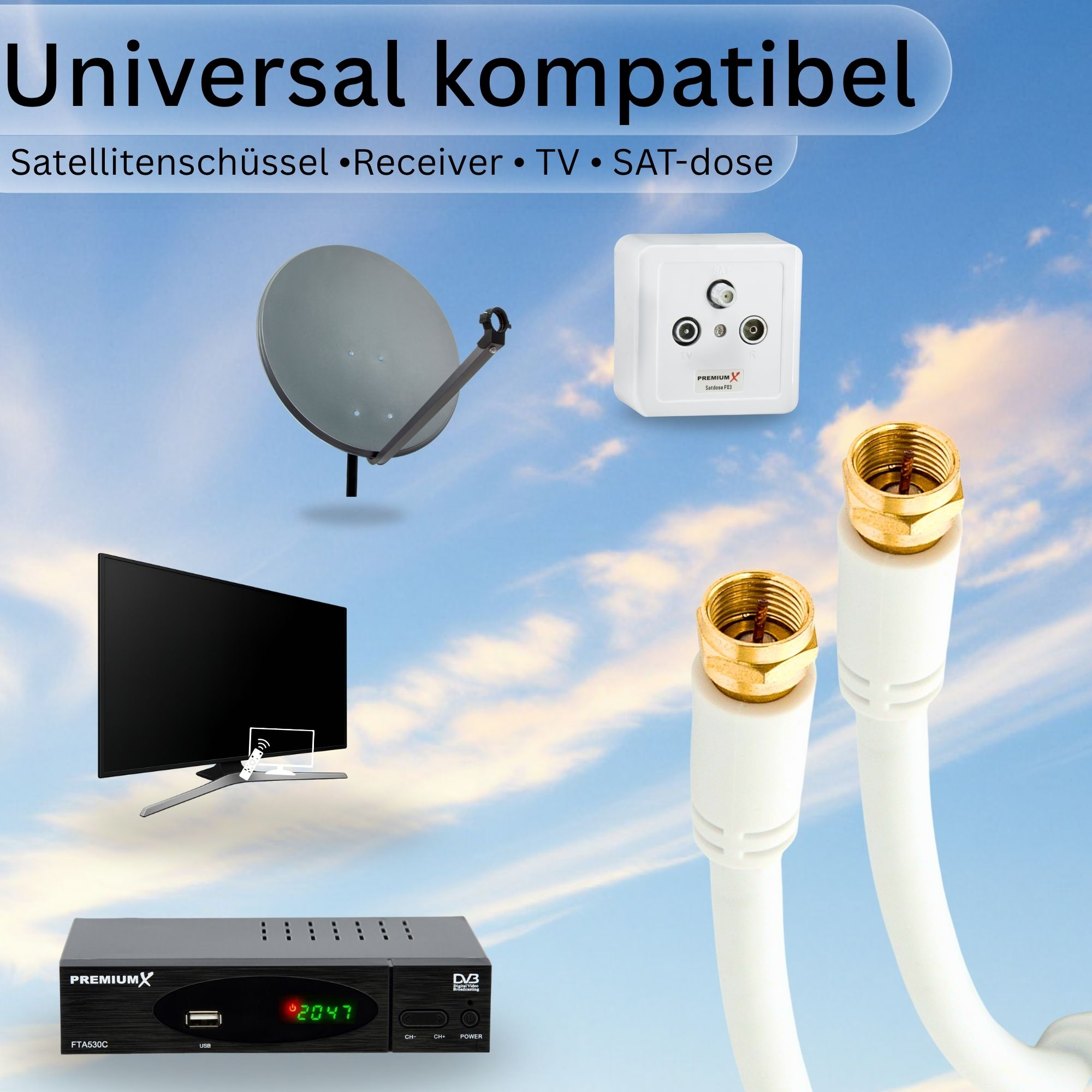 Das Bild zeigt Satellitenschüssel, Receiver, Fernseher und Kabelkomponenten vor blauem Himmel. Text lautet 'Universal kompatibel'.