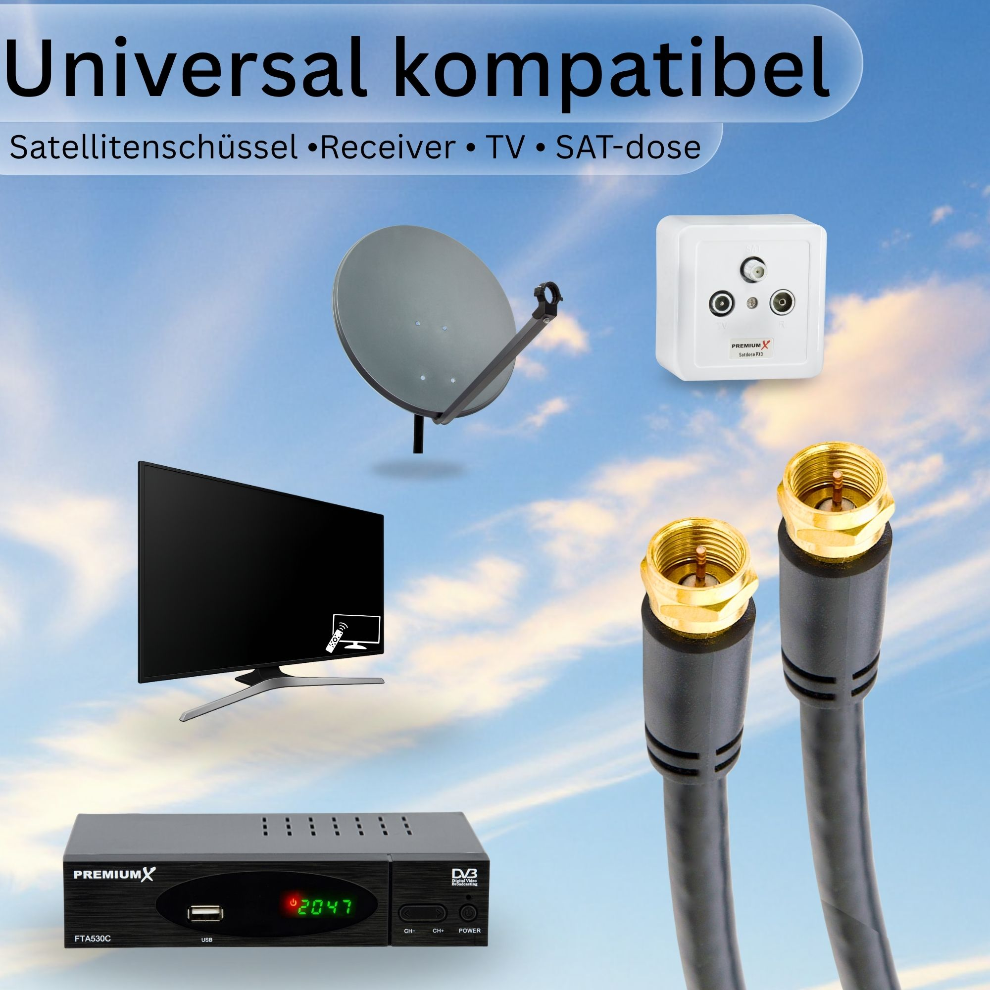 Das Bild zeigt eine Satellitenschüssel, einen Receiver, einen Fernseher und Kabel vor blauem Himmel.
