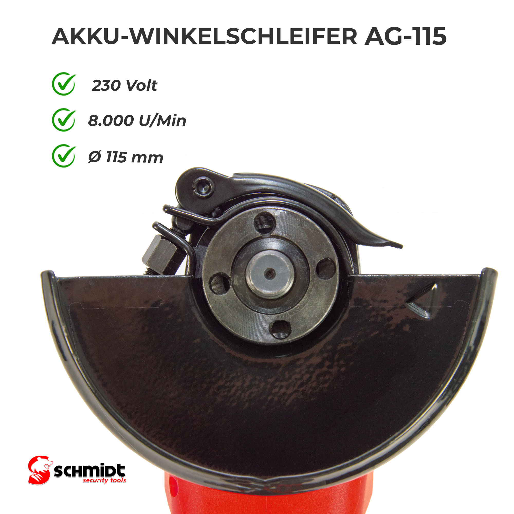 Winkelschleifer AG-115. Schwarze und metallische Komponenten, roter Sockel. Text: 230 Volt, 8.000 U/Min, Ø 115 mm.