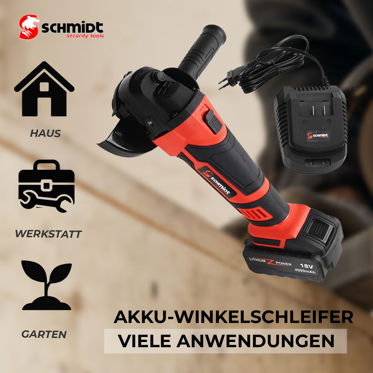 Ein Winkelschleifer mit Ladegerät. Er ist rot und schwarz, mit einem Akku. Text sagt 'AKKU-WINKELSCHLEIFER' und 'VIELE ANWENDUNGEN'.