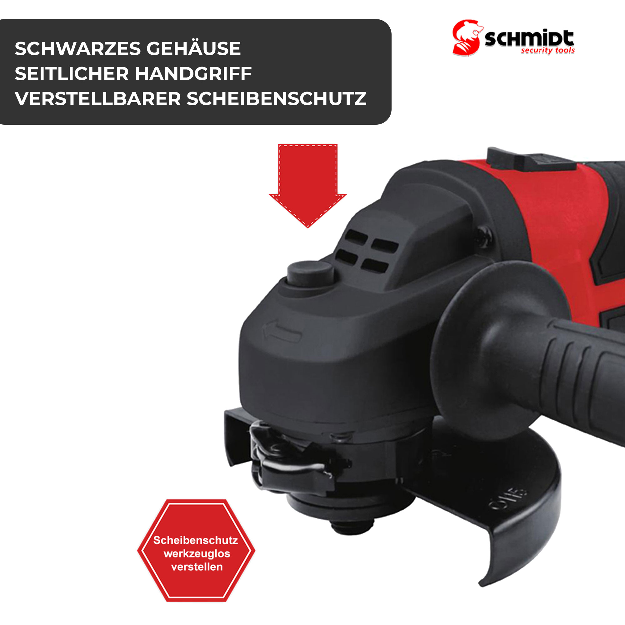 Winkelschleifer mit schwarzem Gehäuse und roten Akzenten. Verfügt über einen verstellbaren Scheibenschutz und einen Seitenhandgriff.
