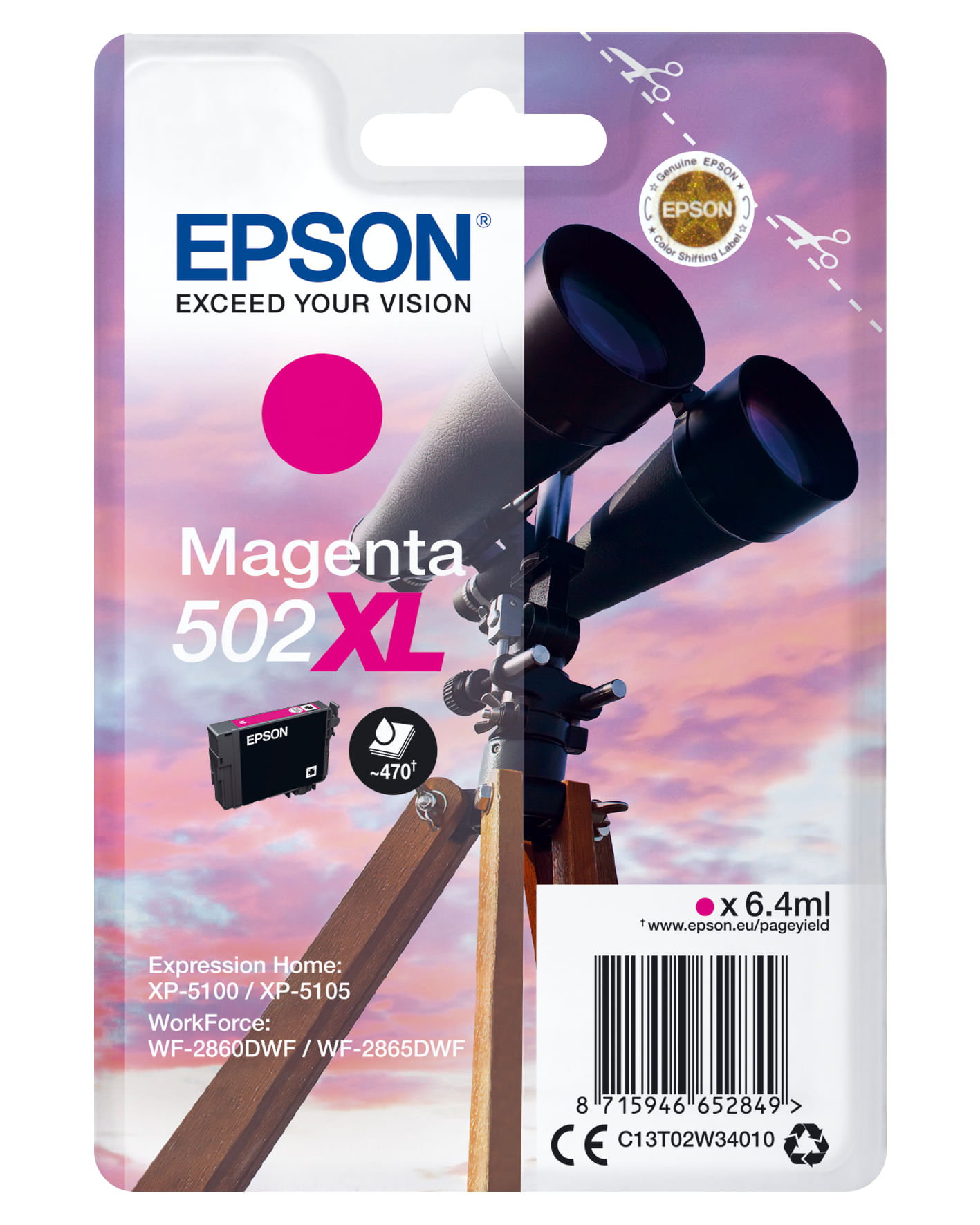 Opakowanie wkładu atramentowego Epson Magenta 502XL. Zawiera ilustrację teleskopu i magenta koło.