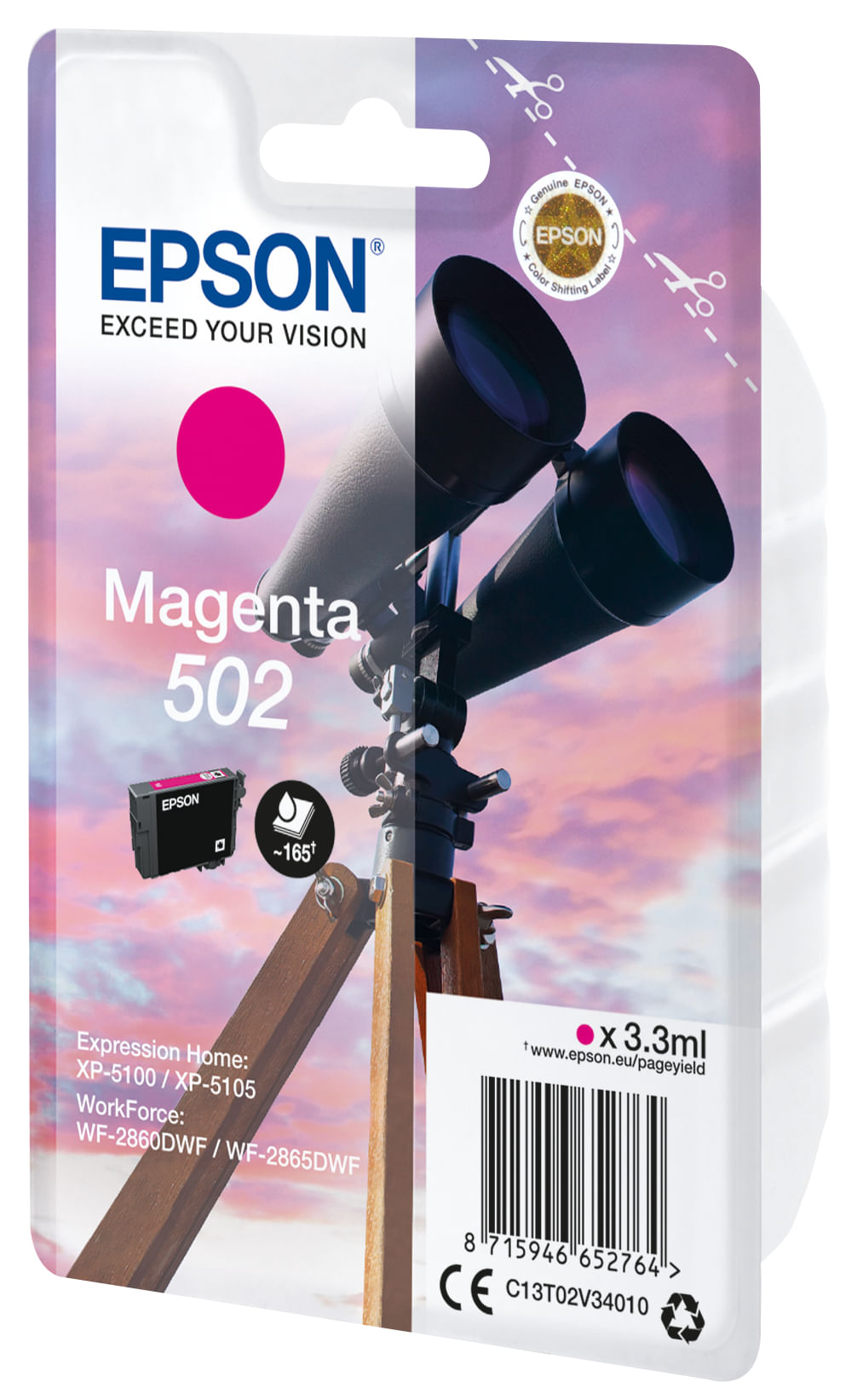 Opakowanie wkładu atramentowego Epson Magenta 502 z nakładką teleskopu. Zawiera wkład atramentowy, szczegóły produktu i tło nieba.