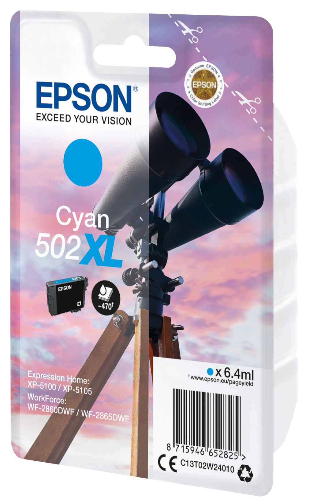 Wkład atramentowy Epson Cyan 502XL na opakowaniu z ilustracją teleskopu, tłem nieba i szczegółami produktu.