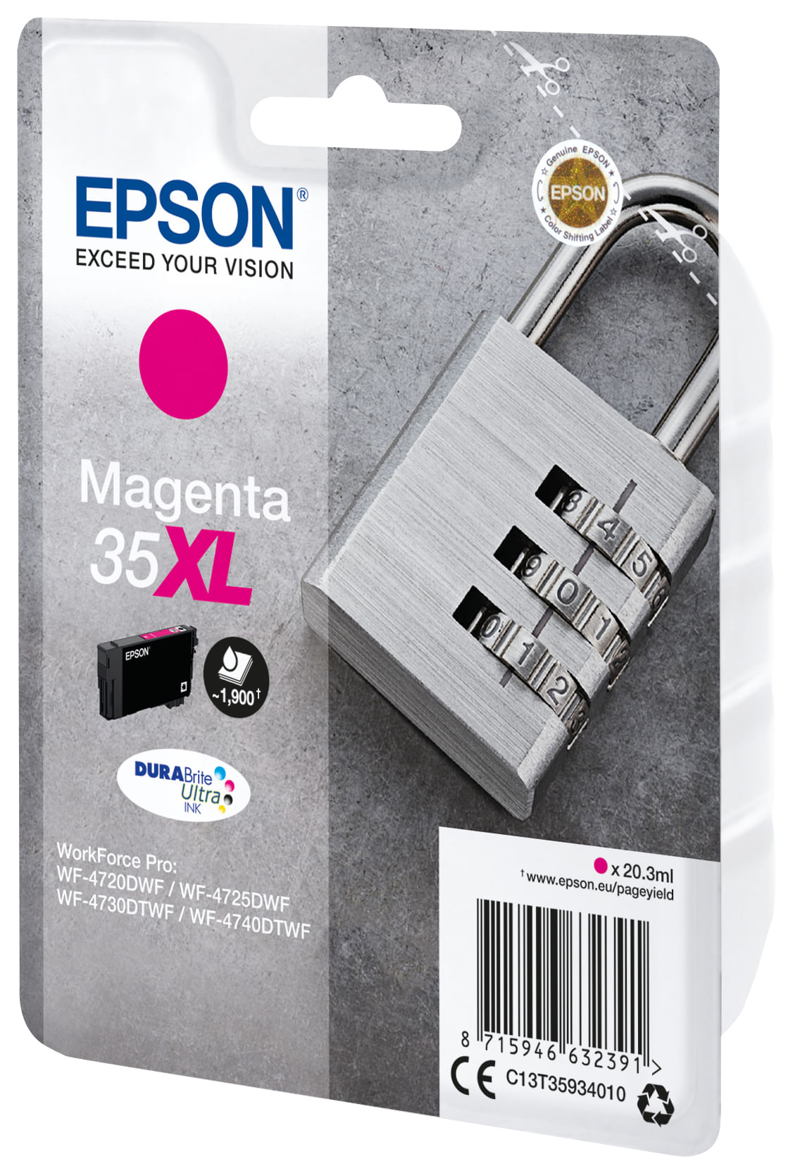 Cartouche d'encre Epson Magenta avec un cadenas à combinaison en arrière-plan.