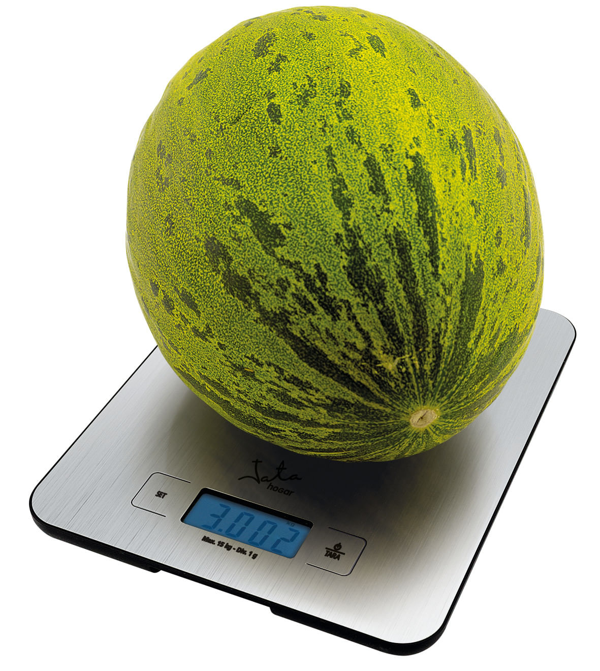 Zielony melon z ciemnymi paskami leży na cyfrowej wadze kuchennej. Waga pokazuje wagę 3,002 kg.