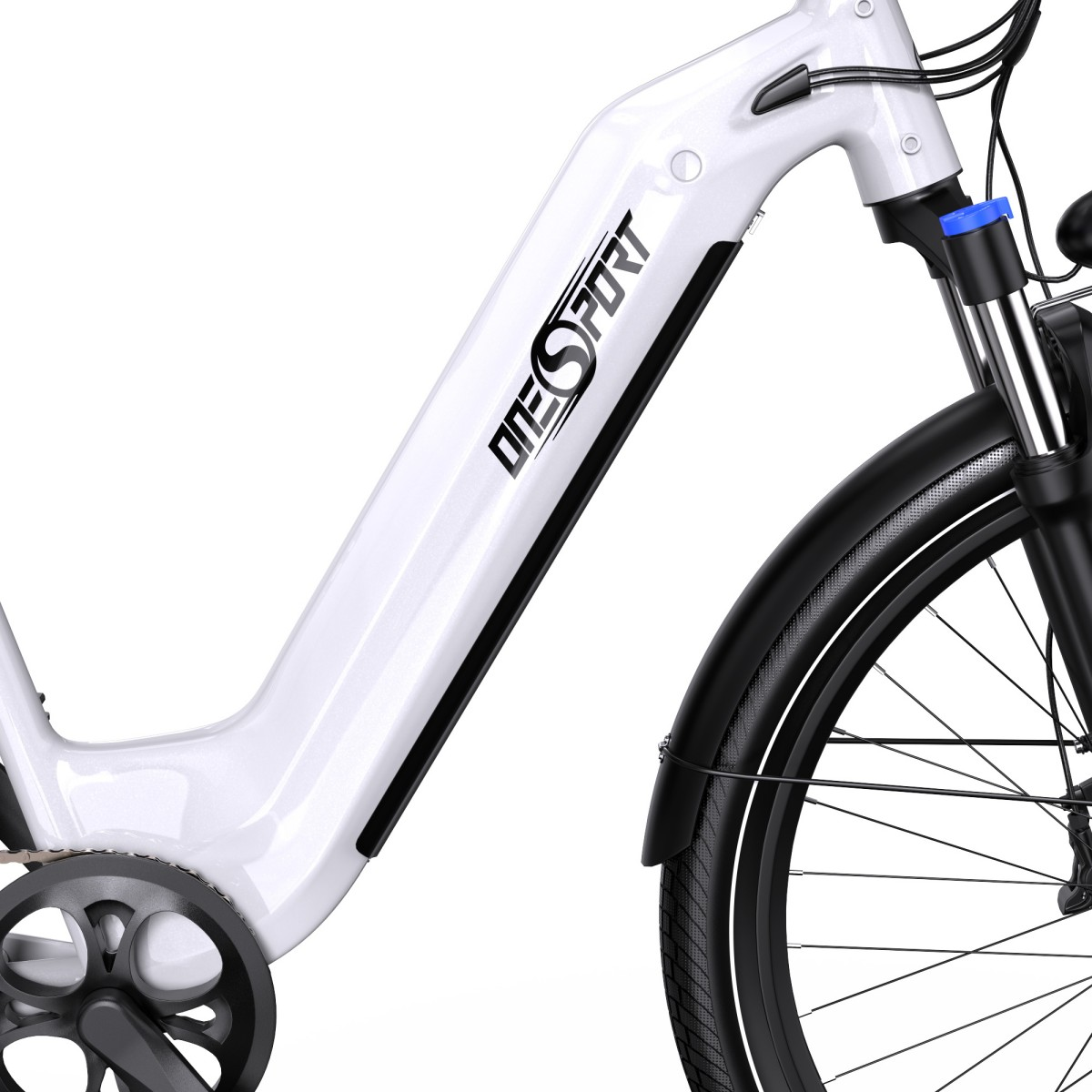 Telaio di bici elettrica bianco, con accenti e pneumatici neri. Il marchio "ONESPORT" è visibile. La scena è su sfondo bianco.
