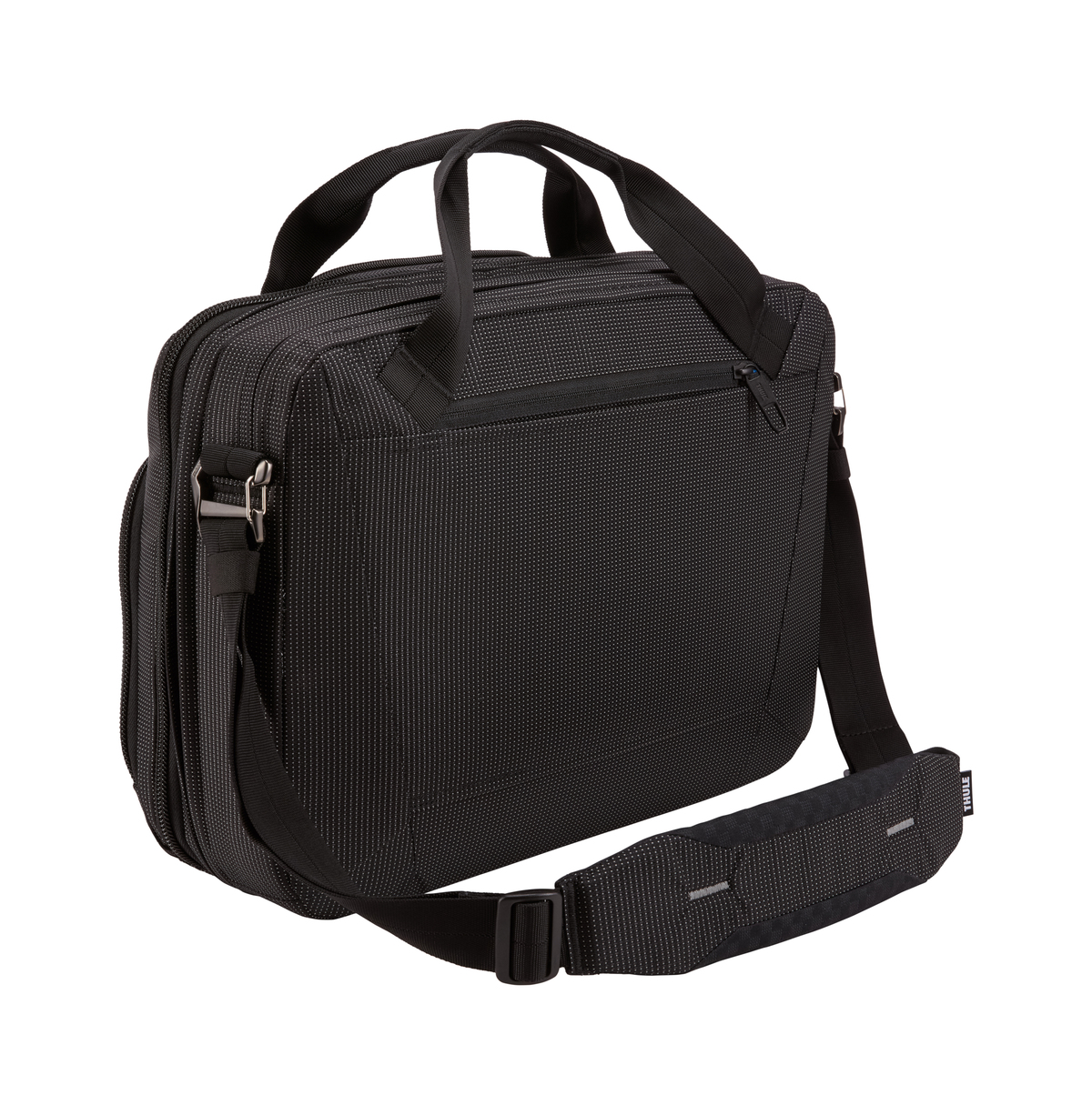 Una bolsa para portátil Thule negra con correa para el hombro y asa. Tiene una superficie texturizada con pequeños puntos blancos.