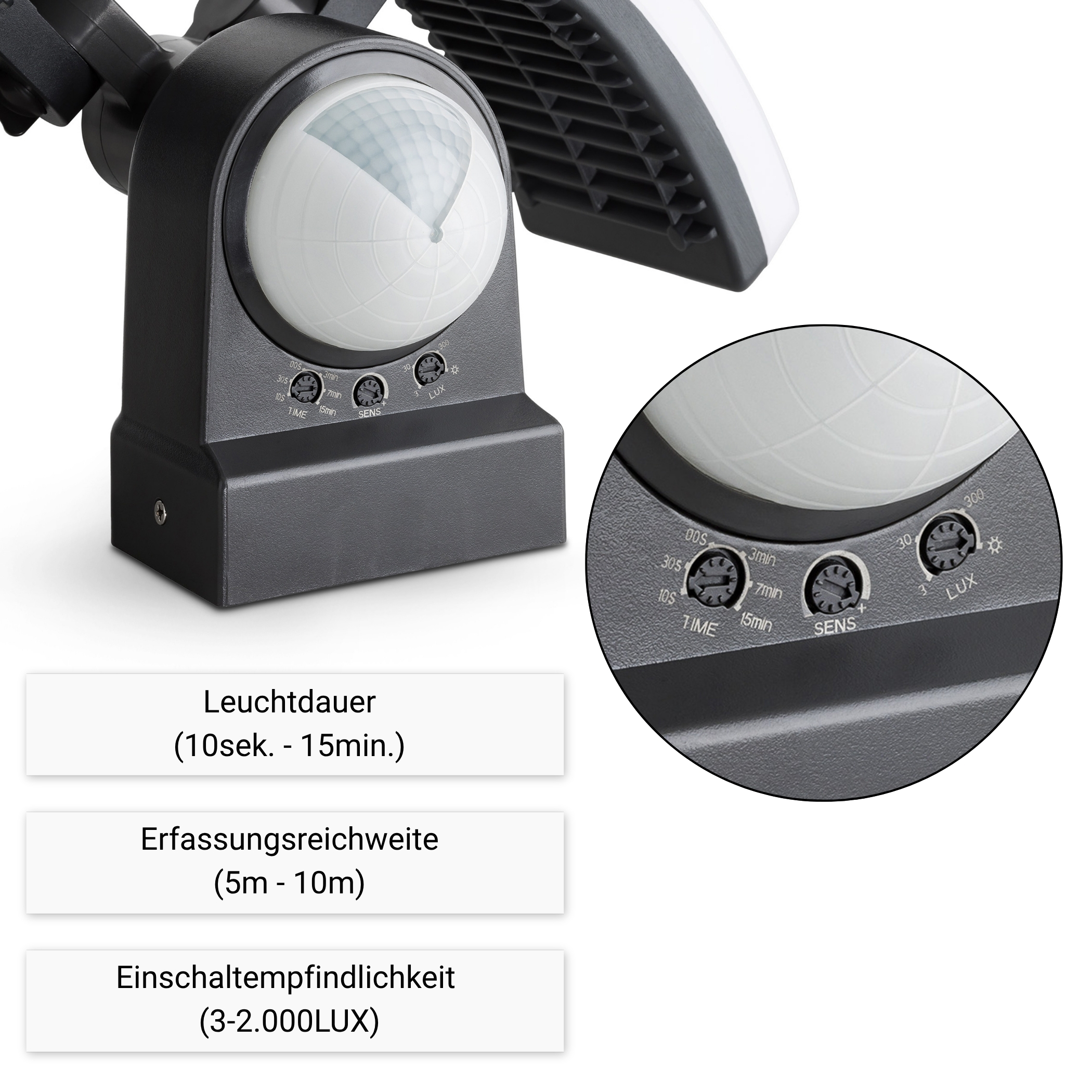 Eine Bewegungsmelder-Leuchte mit einstellbaren Reglern für Zeit, Empfindlichkeit und Helligkeit. Sie hat einen weißen Sensor und ein schwarzes Gehäuse.