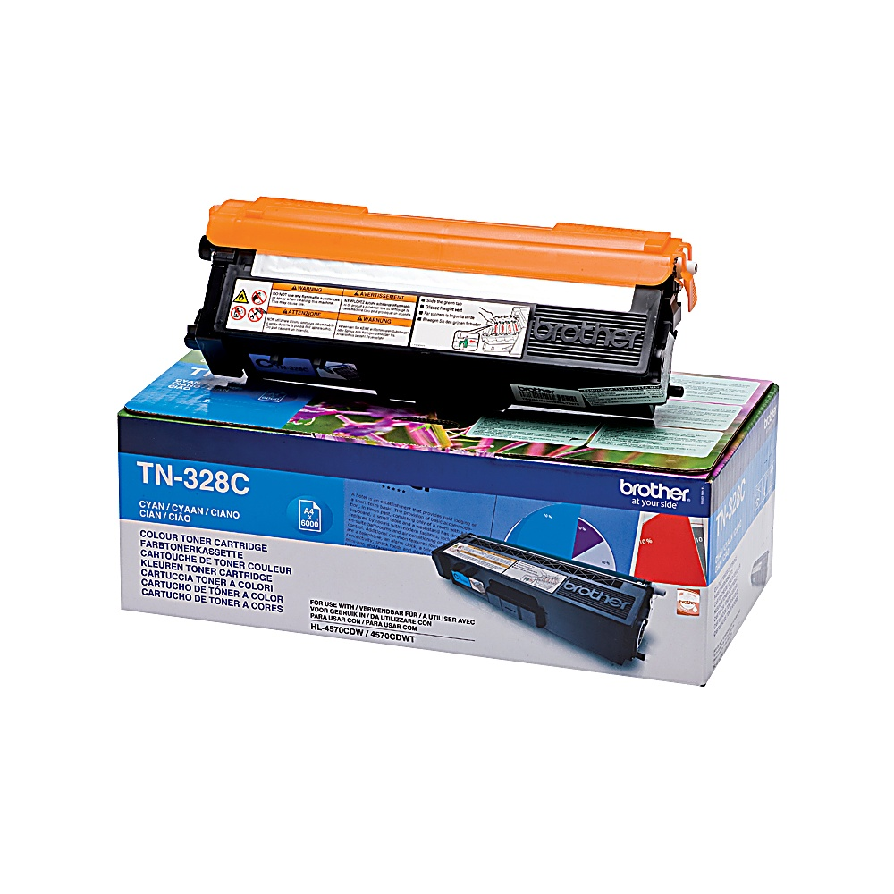 Cartuccia toner ciano Brother TN-328C, arancione e nero, sulla scatola, con il logo Brother.