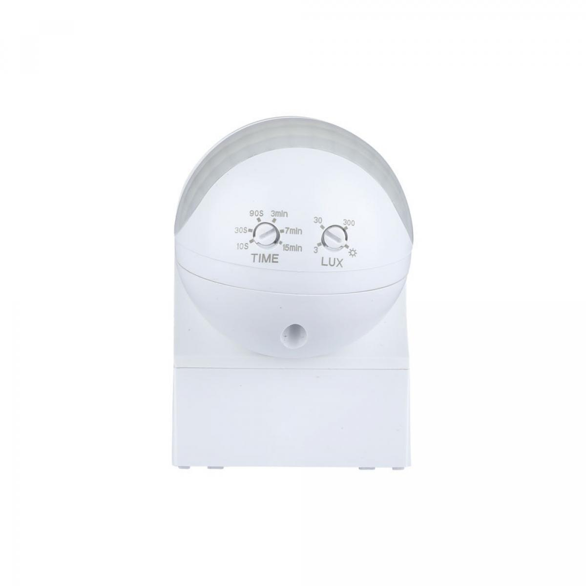 Biały czujnik ruchu z ustawieniami czasu i luksów. Ma okrągłą górę i prostokątną podstawę. Tarcze są opisane.