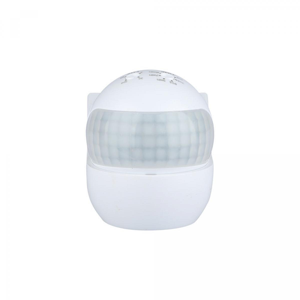 Biały czujnik ruchu z przezroczystą soczewką w kratkę jest wyśrodkowany. Ma ustawienia oznaczone liczbami i tekstem.