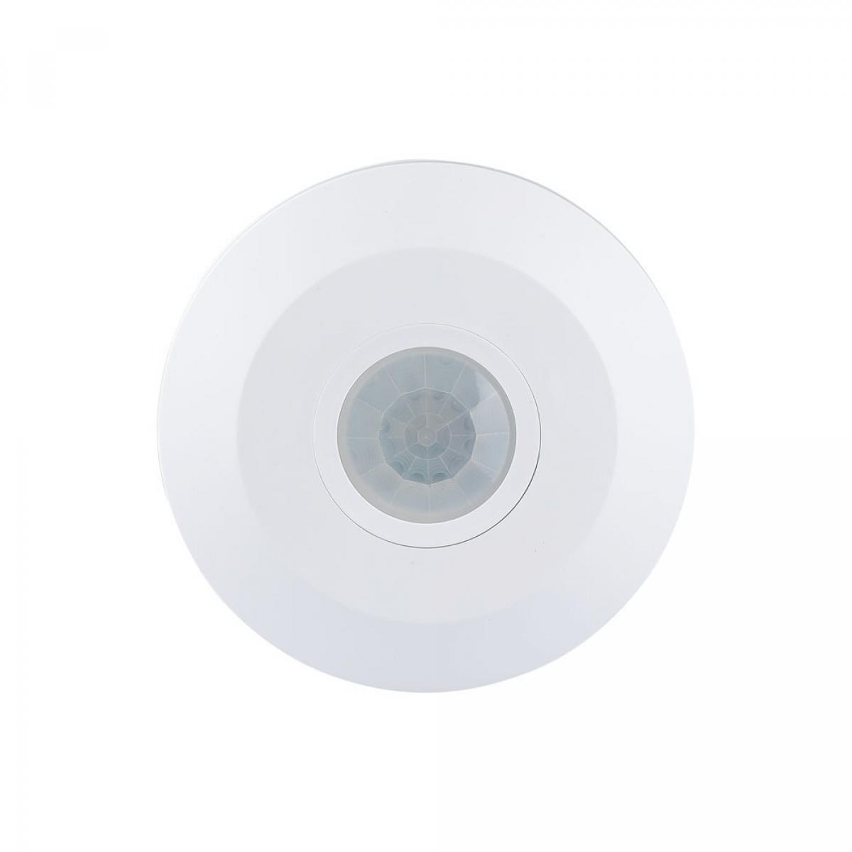Biały, okrągły czujnik ruchu. Ma centralny, półprzezroczysty, kopulasty obszar czujnika i białą, okrągłą podstawę.