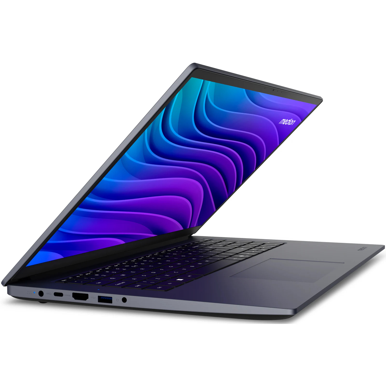 Ein dunkelgrauer Laptop ist geöffnet und zeigt einen wellenförmigen blau-violetten Hintergrund. Tastatur und Touchpad sind sichtbar.