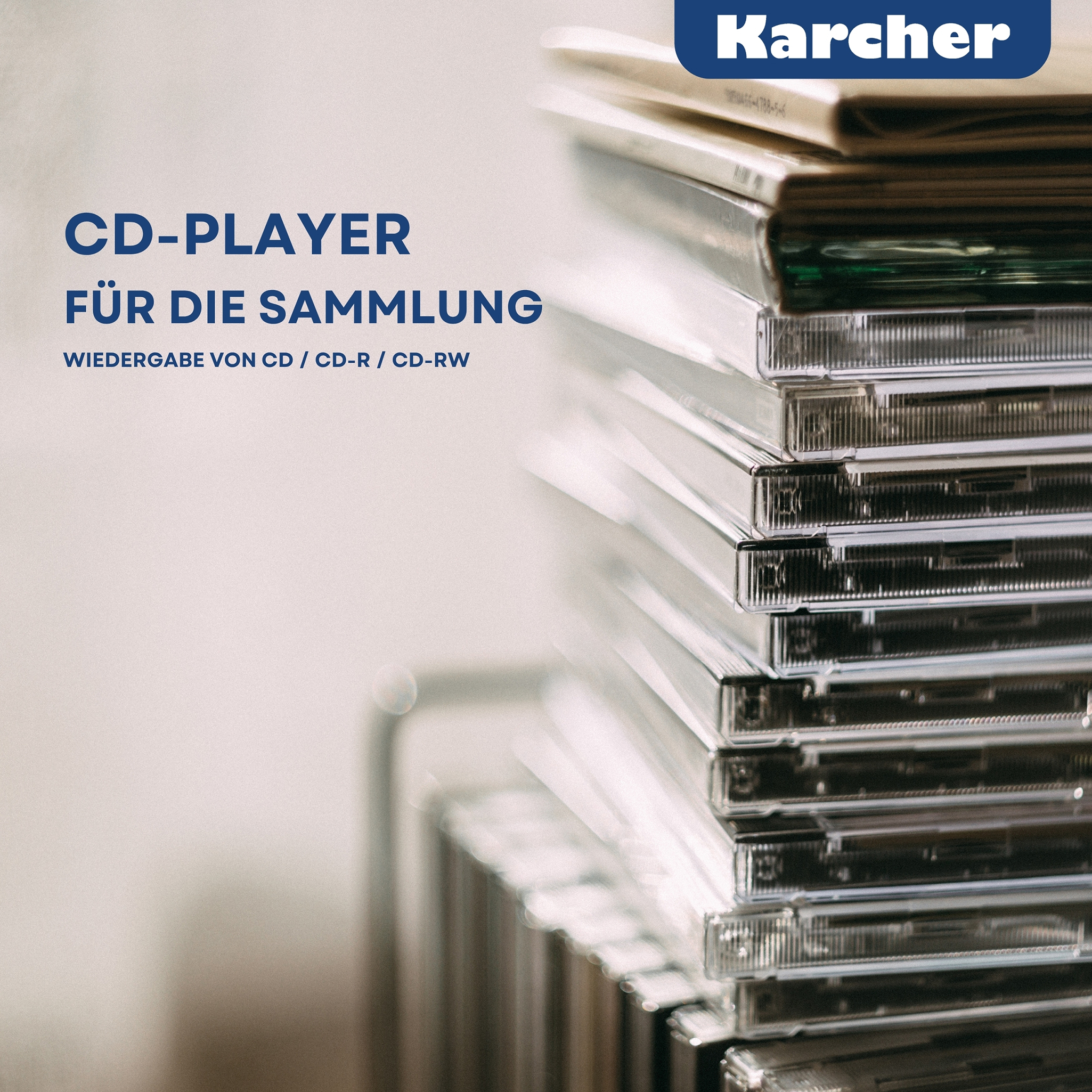 Das Bild zeigt einen Stapel von CD-Hüllen, mit dem Text 'CD-PLAYER FÜR DIE SAMMLUNG' und dem 'Karcher'-Logo.