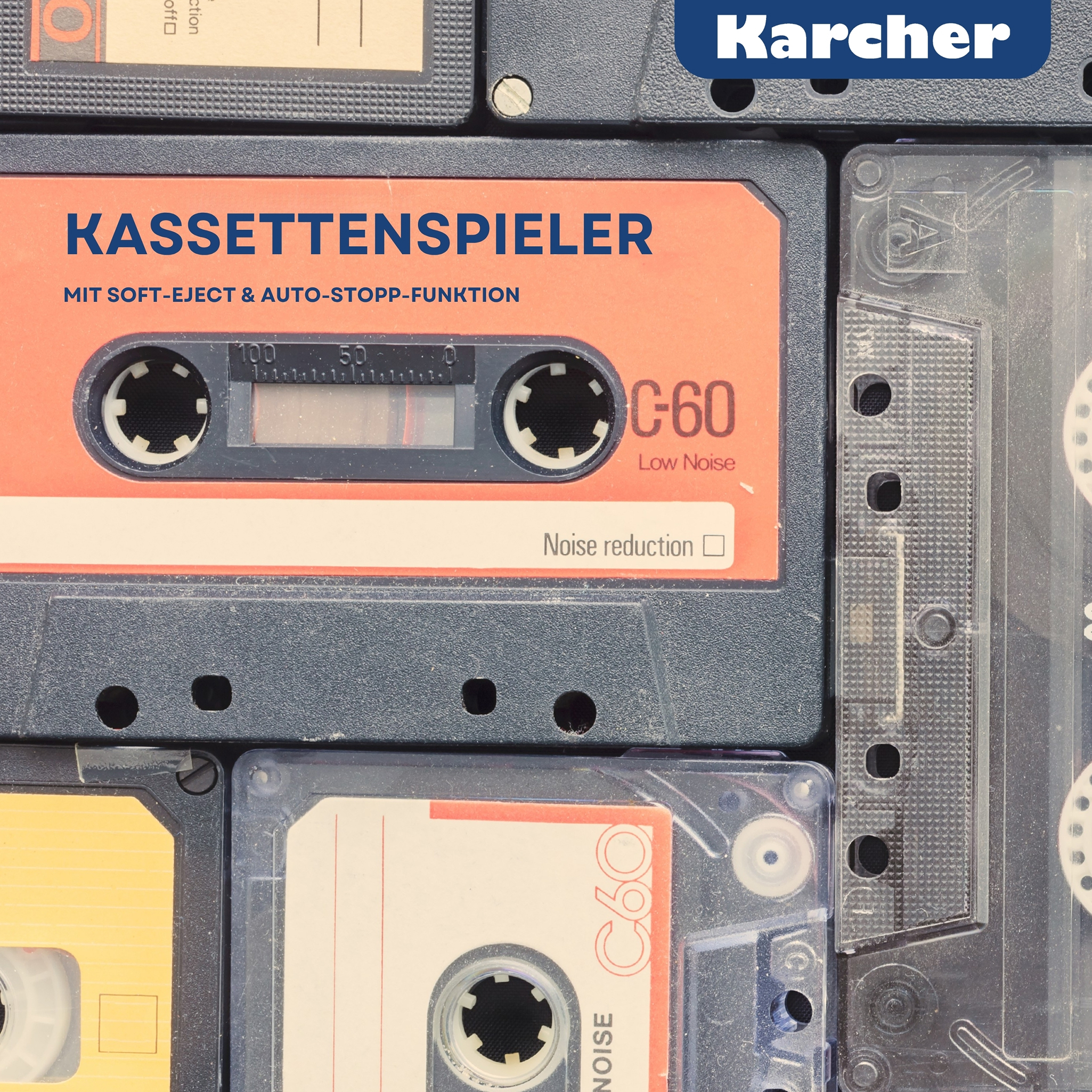 Das Bild zeigt mehrere Kassetten mit Text auf Deutsch. Der Markenname Kärcher ist sichtbar.