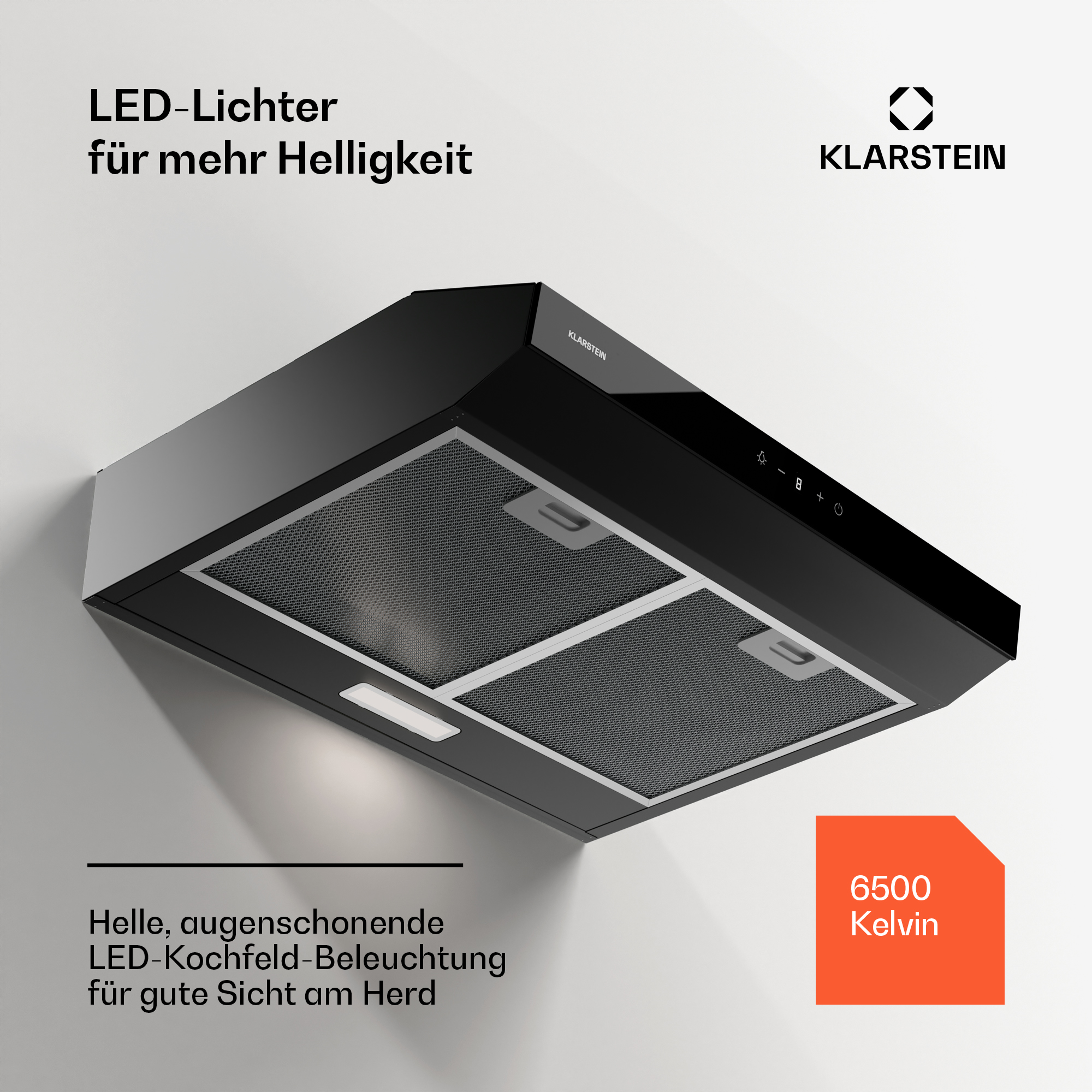 Cappa Klarstein nera con luci a LED. Dispone di un filtro e un pannello di controllo. Il valore Kelvin è 6500.