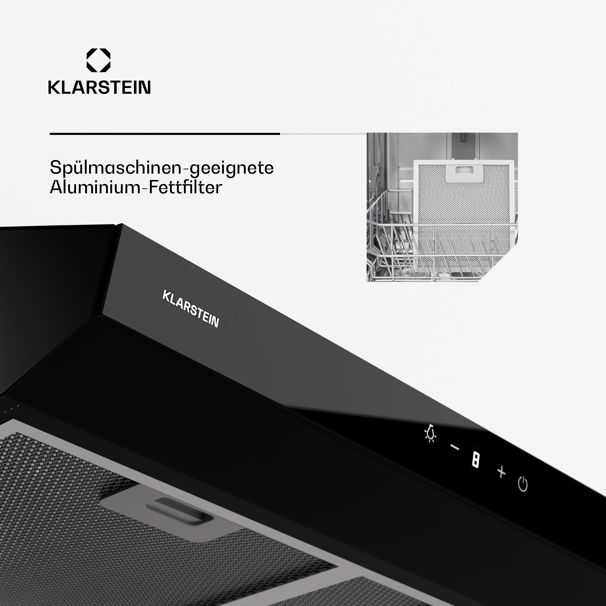 Cappa Klarstein nera con filtro antigrasso in alluminio. Presenta pannello di controllo e logo del marchio. Dettaglio filtro.