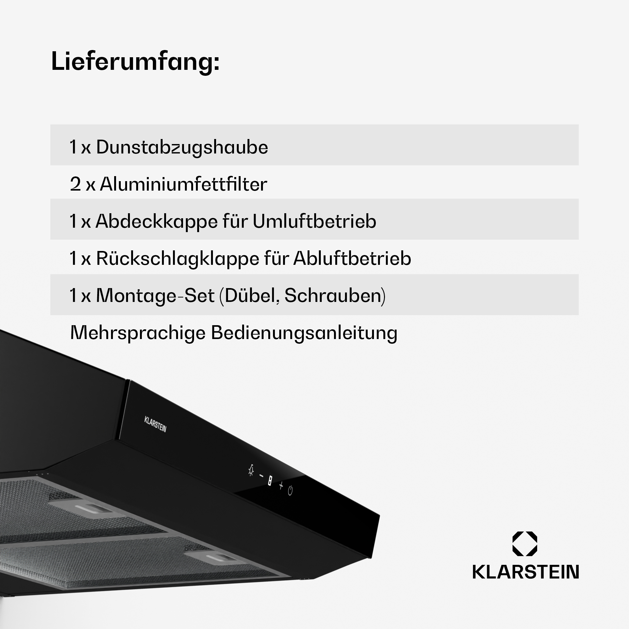 L'immagine mostra una cappa da cucina Klarstein nera con un elenco degli elementi inclusi.