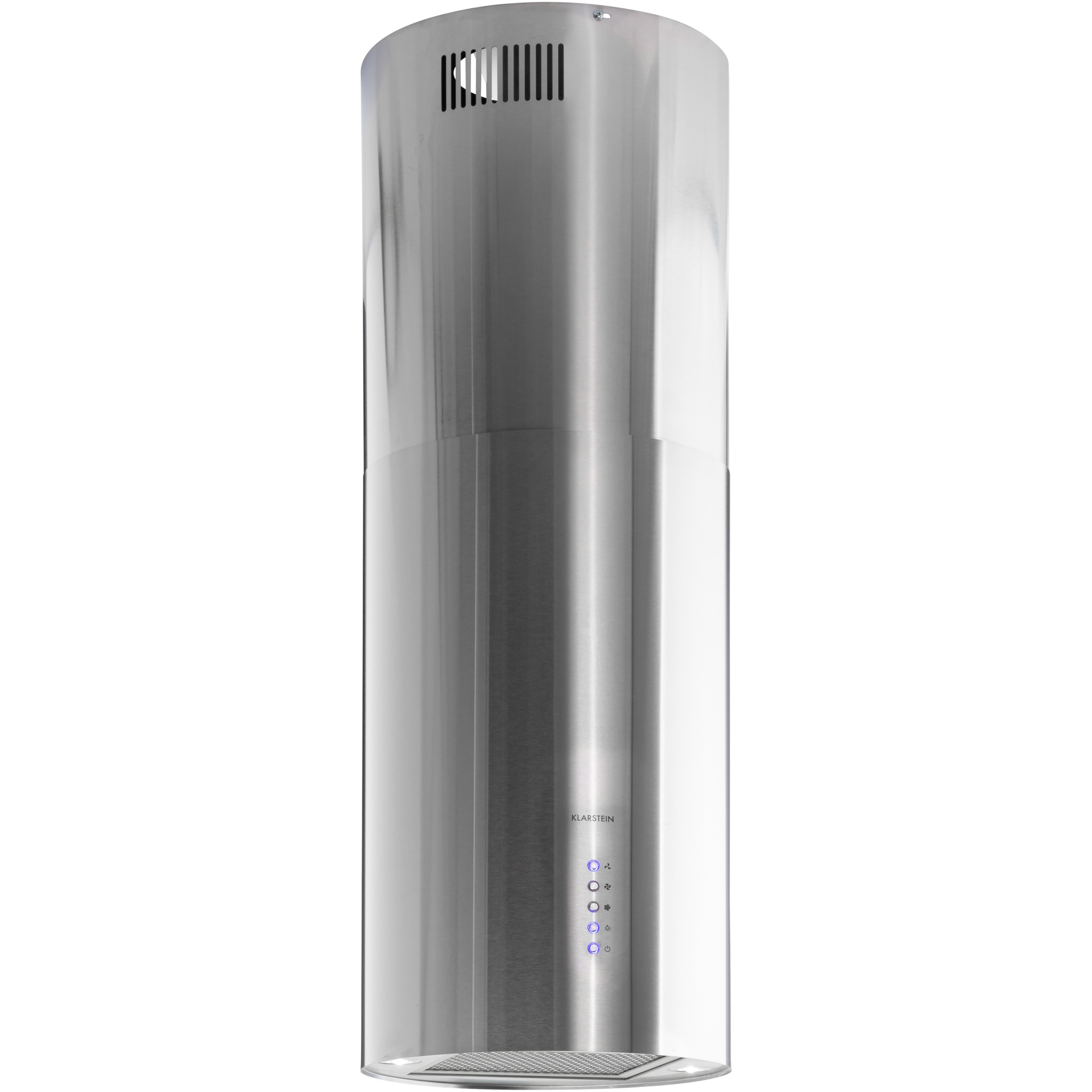 Cappa Klarstein in acciaio inox. Cilindrica, con fessure di ventilazione e spie blu.