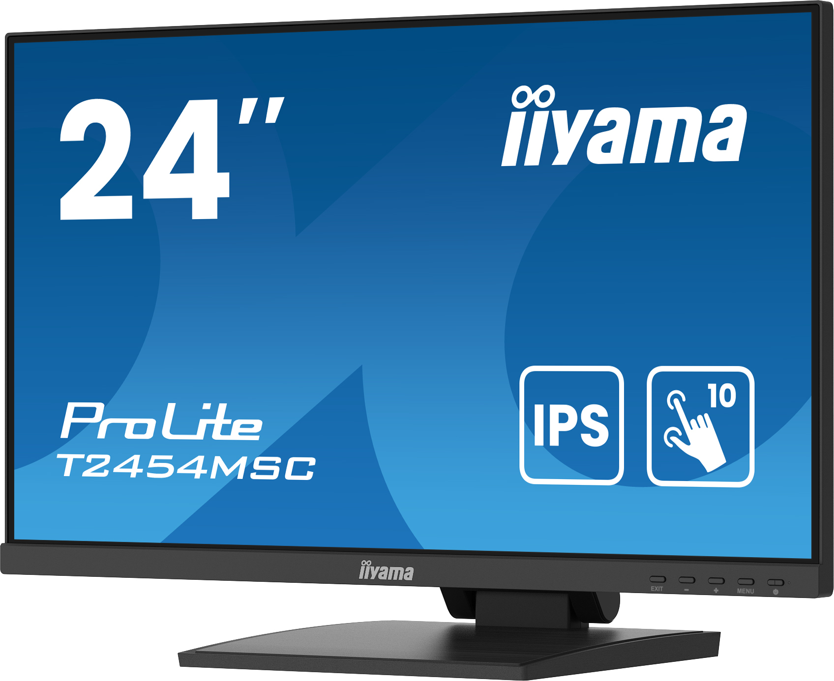 24-Zoll iiyama ProLite Monitor. Merkmale: IPS, Touch-Funktion und Menütasten. Schwarzer Ständer und Rahmen, blauer Bildschirm.