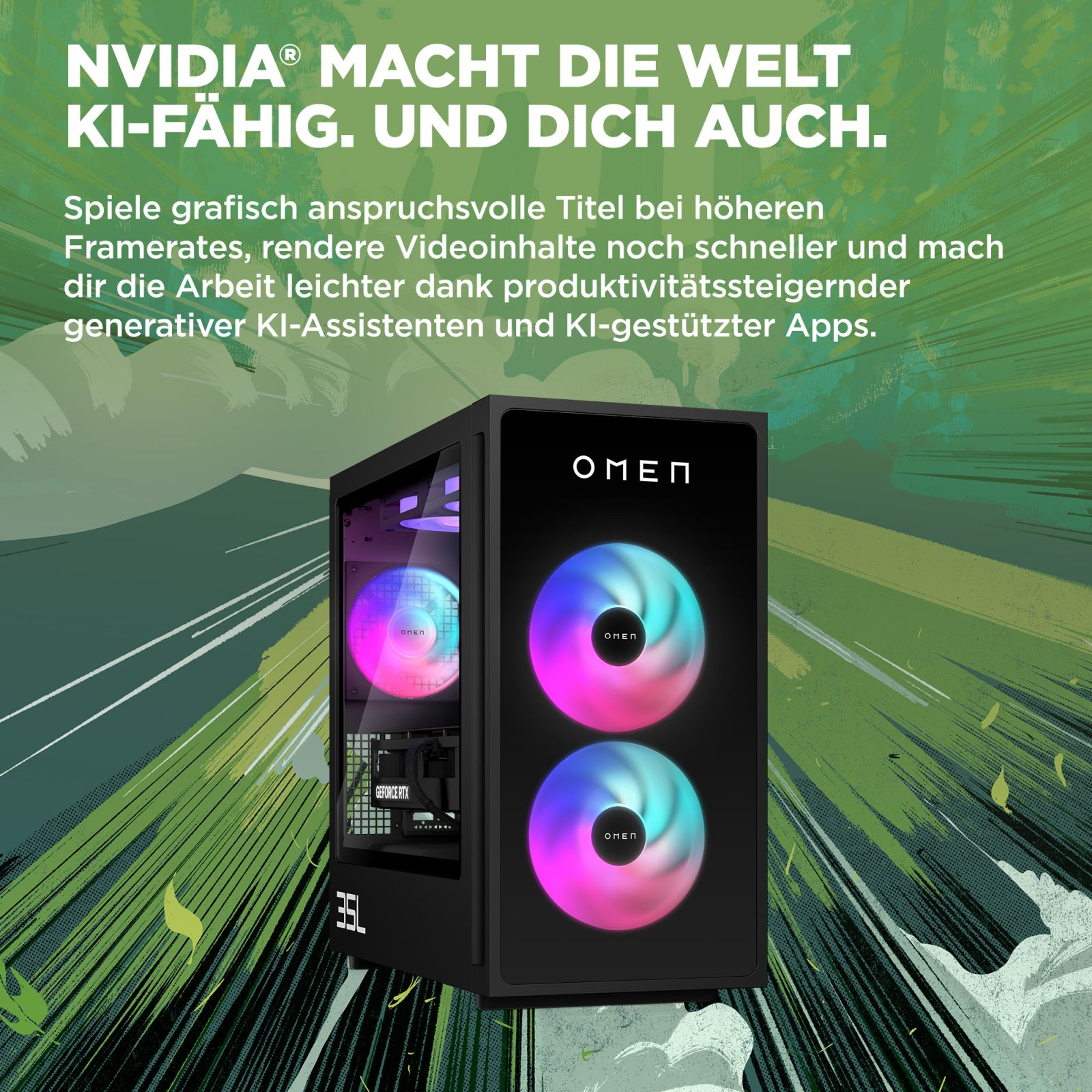 Czarny komputer do gier OMEN z kolorowymi wentylatorami. Tekst NVIDIA na górze, zielone tło.