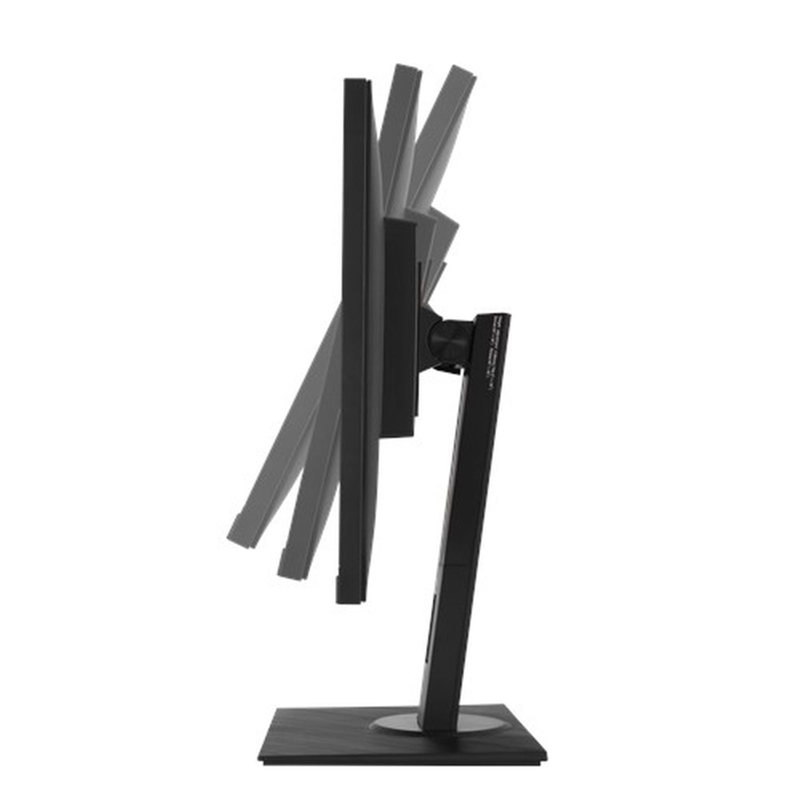 Widok z boku czarnego monitora komputera, lekko pochylonego, na czarnym stojaku. Podstawa również jest czarna.