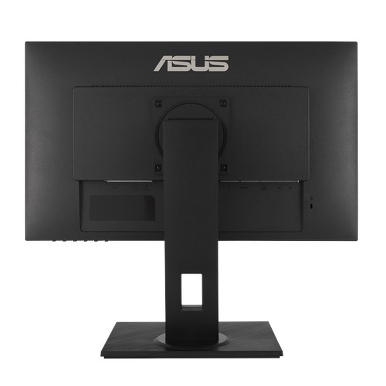 Widok z tyłu czarnego monitora ASUS. Ma podstawkę i logo ASUS. Tło jest białe.