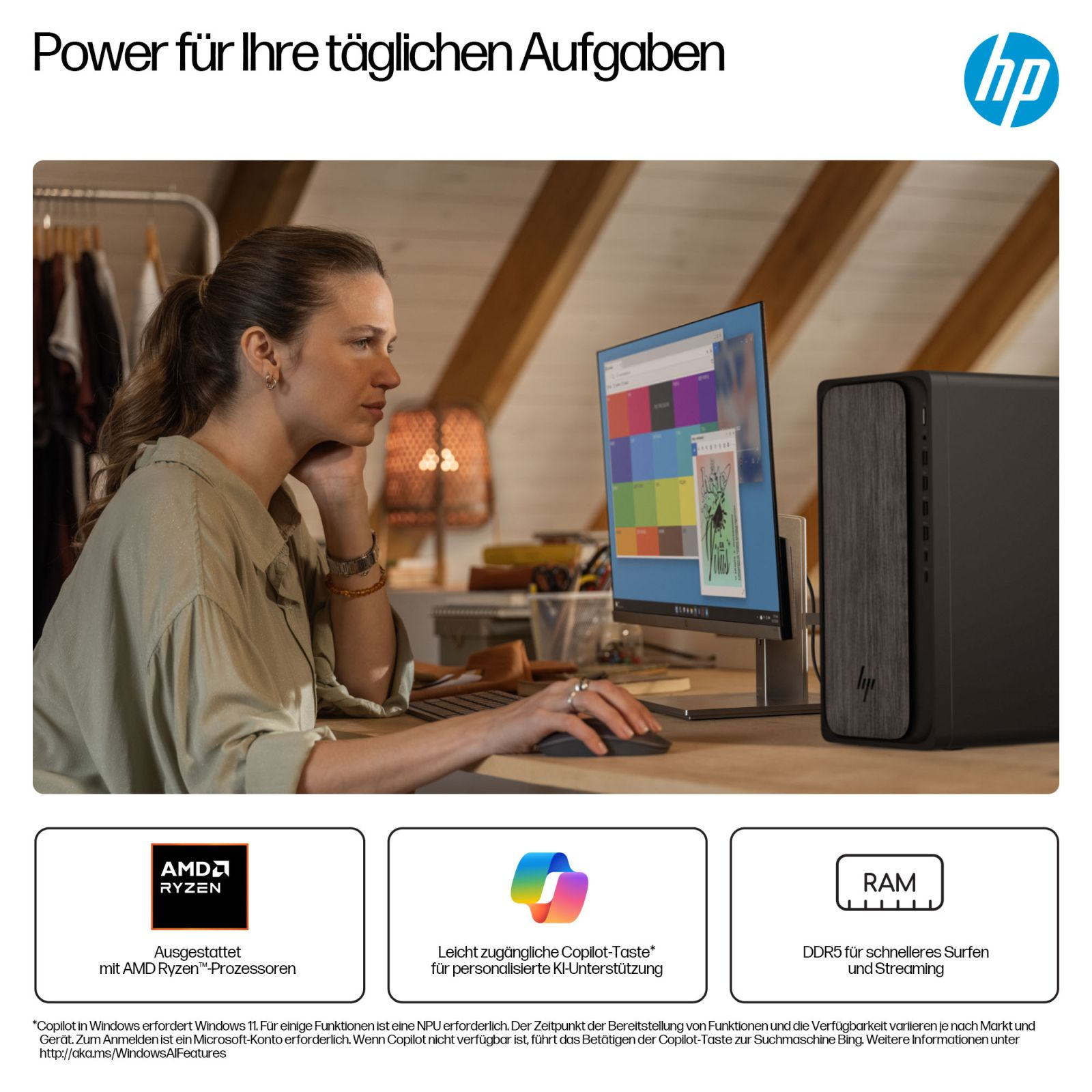 Kobieta używa komputera z monitorem, myszą i komputerem stacjonarnym HP. Scena zawiera tekst i logo.