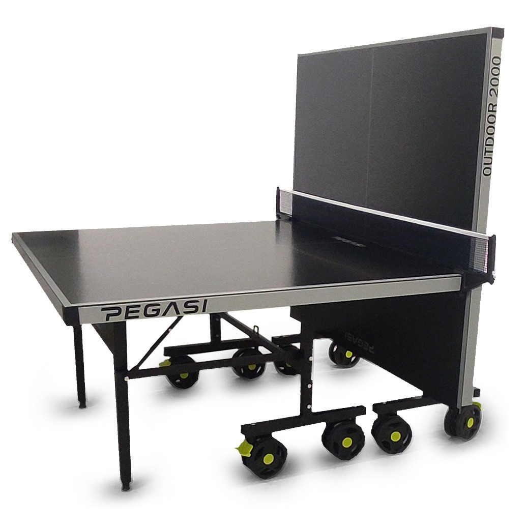 A black and gray Pegasi Outdoor 2000 ping pong table. It has a net, wheels, and is on a white background.