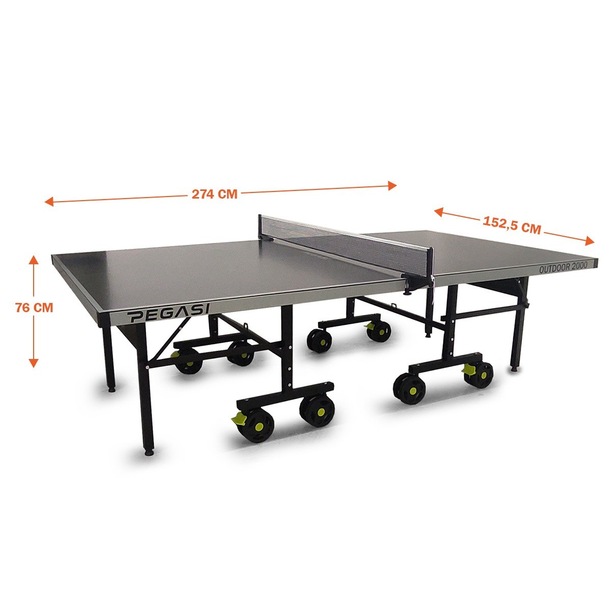 A gray ping pong table with black legs and wheels. A net divides the table. Dimensions are labeled.