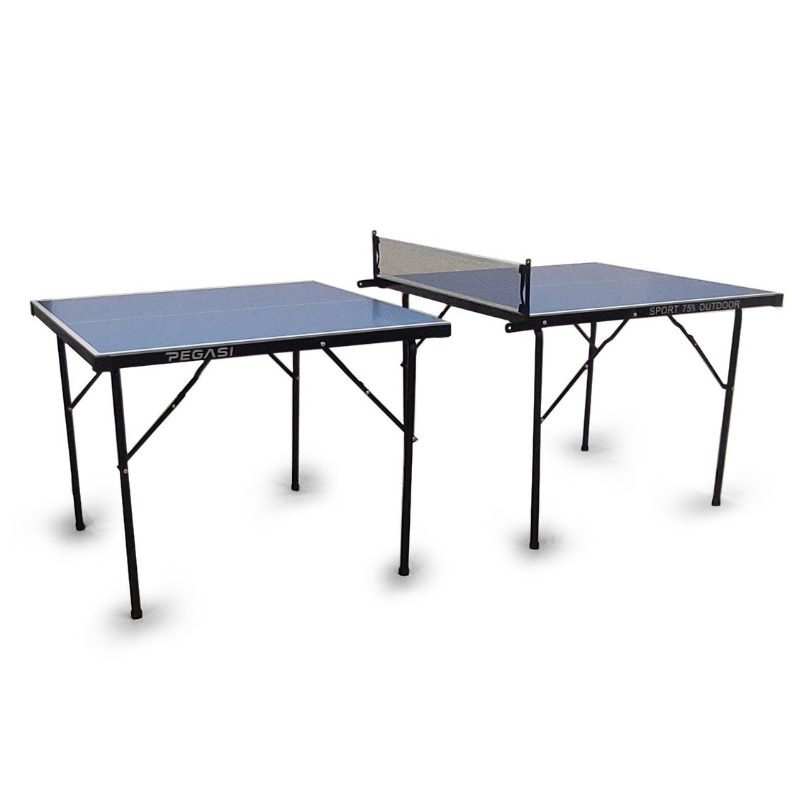 Two blue ping pong tables with black frames. One has a net. The tables are on a white background.