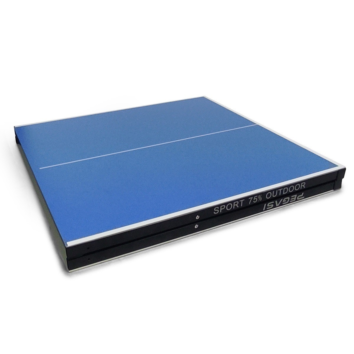 A blue ping pong table is displayed on a white background. The table has a white line in the middle.