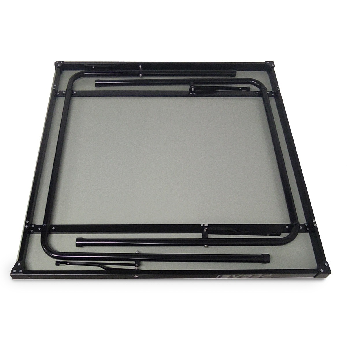A folding table frame is shown, featuring a gray tabletop and black metal legs and frame. The table is partially folded.