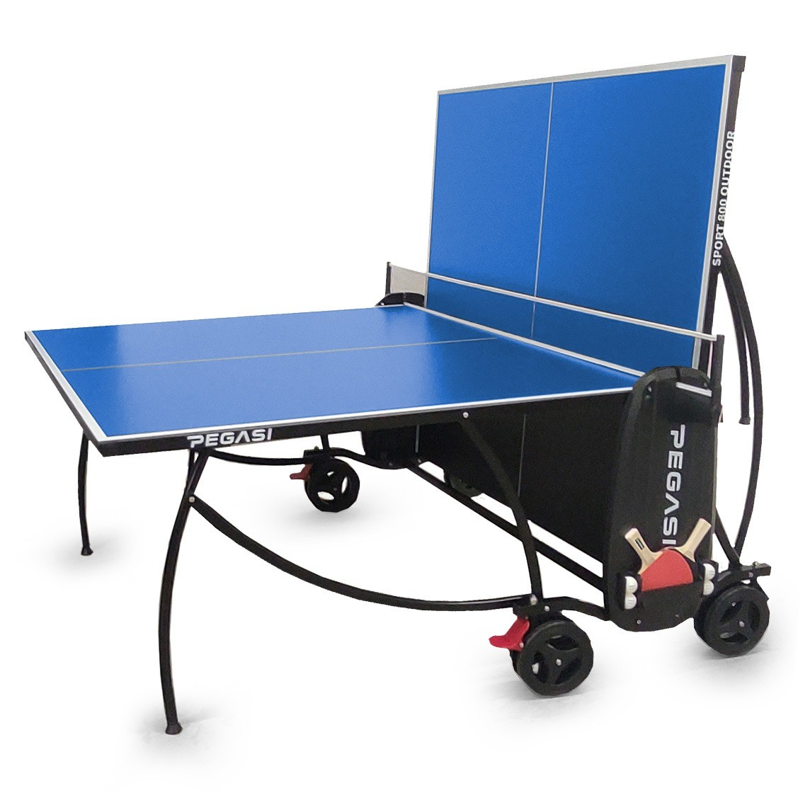 A blue and black ping pong table with a net. Wheels on the legs allow it to be moved. The brand name is Pegasi.
