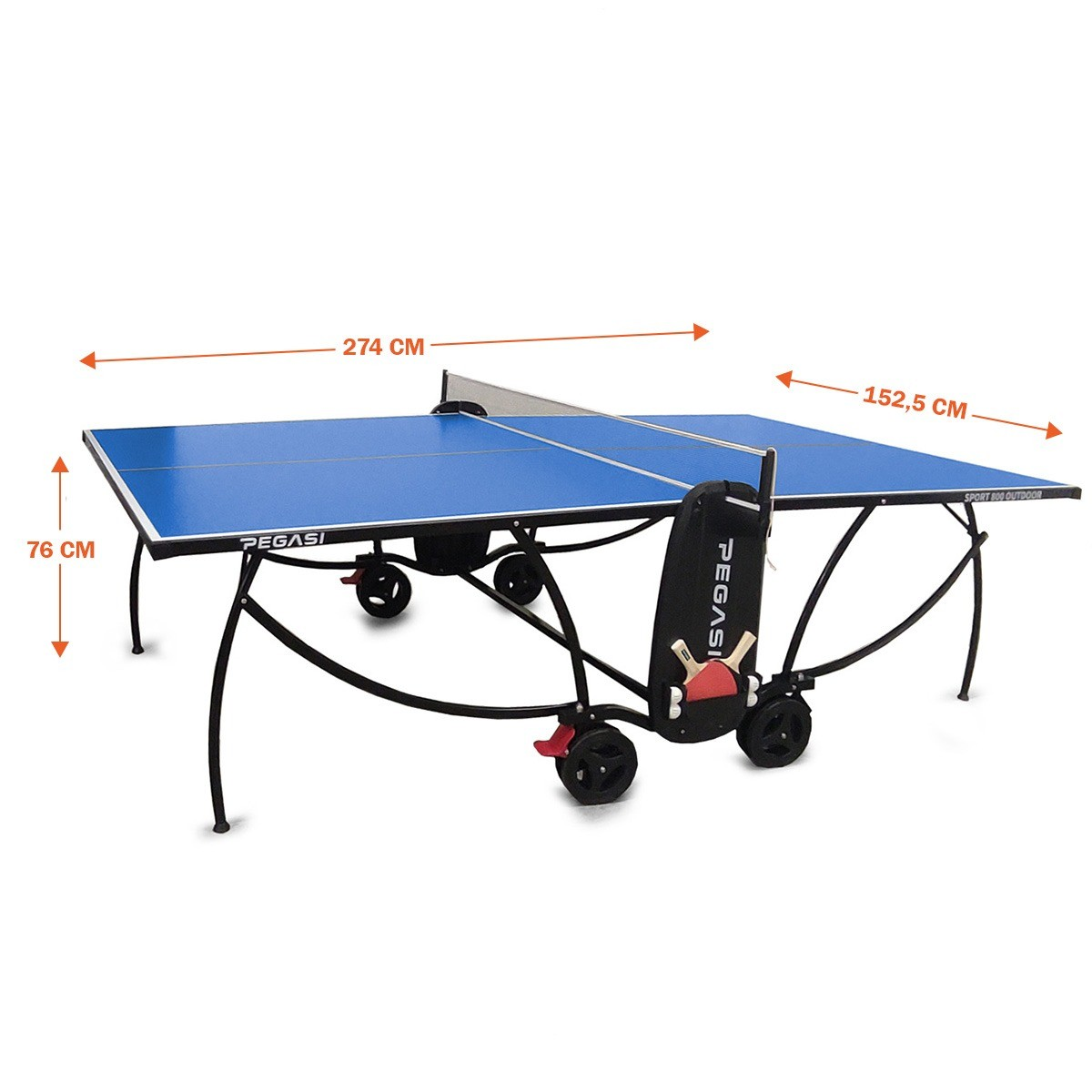 A blue ping pong table with black frame, wheels, and a net. Measurements are labeled. The brand is Pegasi.