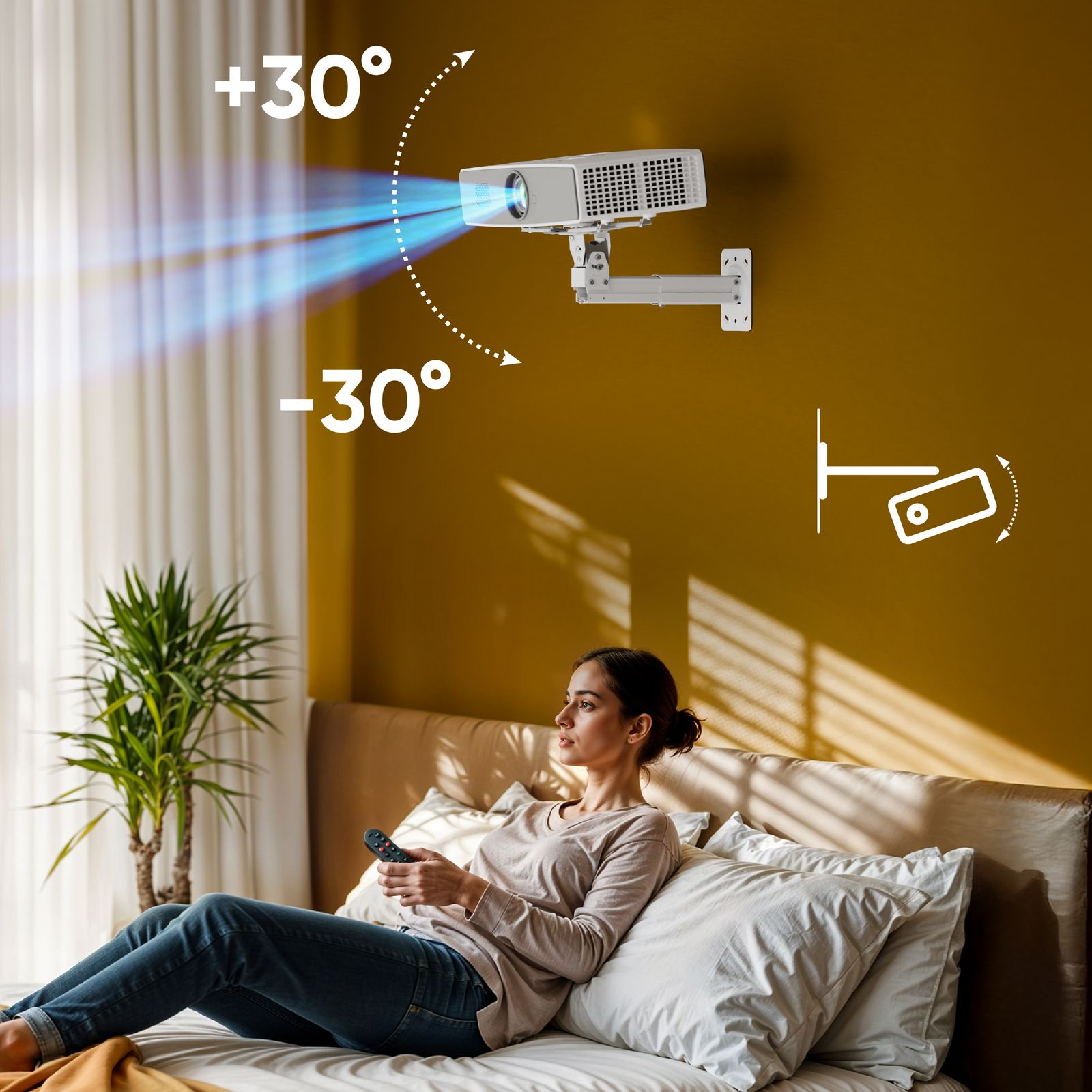 Una donna a letto con telecomando, proiettore sul muro, luce blu brillante proiettata.