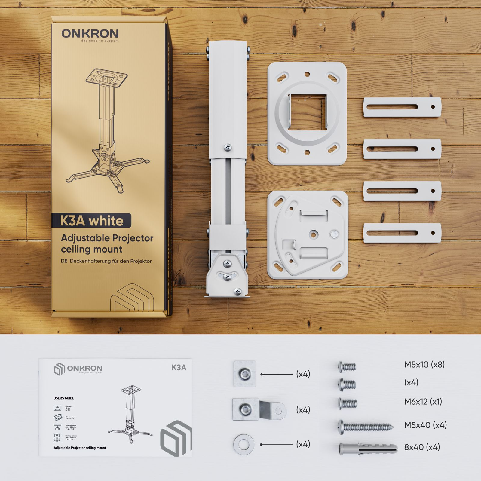 Componenti di montaggio a soffitto per proiettore bianco. Include staffa, staffe, viti e manuale. Disposto su superficie in legno.