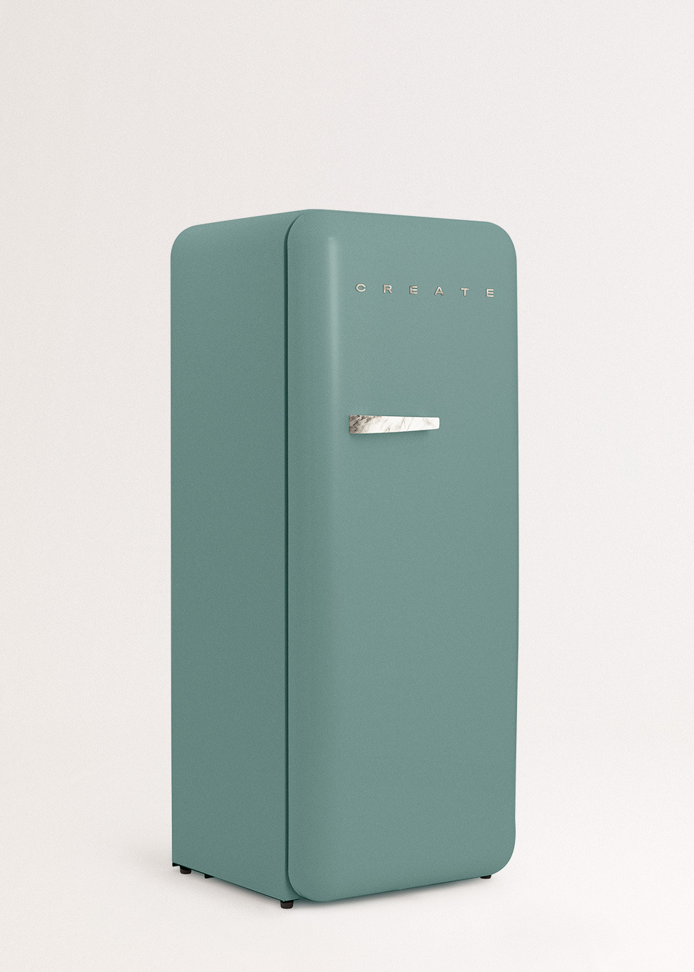 Un refrigerador retro turquesa con un asa de mármol y la palabra CREATE arriba. Está sobre fondo blanco.