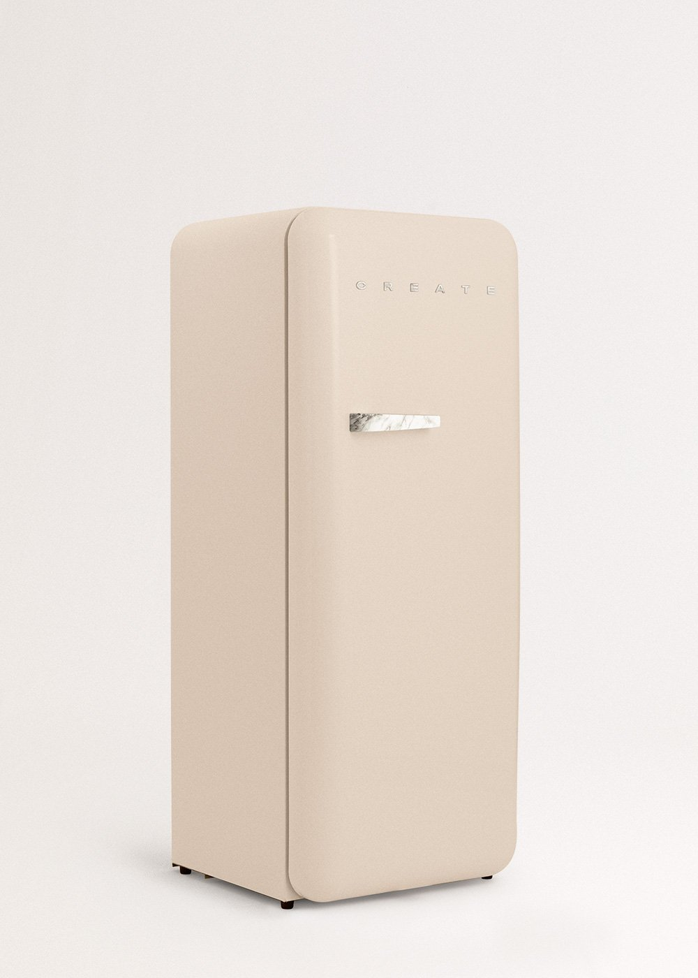 Un refrigerador beige sobre fondo blanco. Tiene una manija de mármol y la palabra 'CREATE' en la puerta.