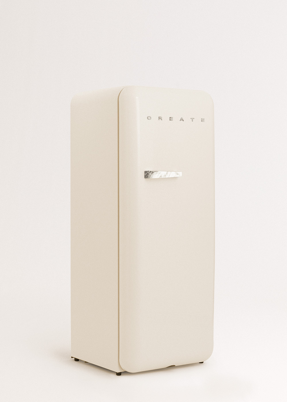 Un refrigerador crema con manija de mármol y letras 'CREATE', sobre un fondo blanco.