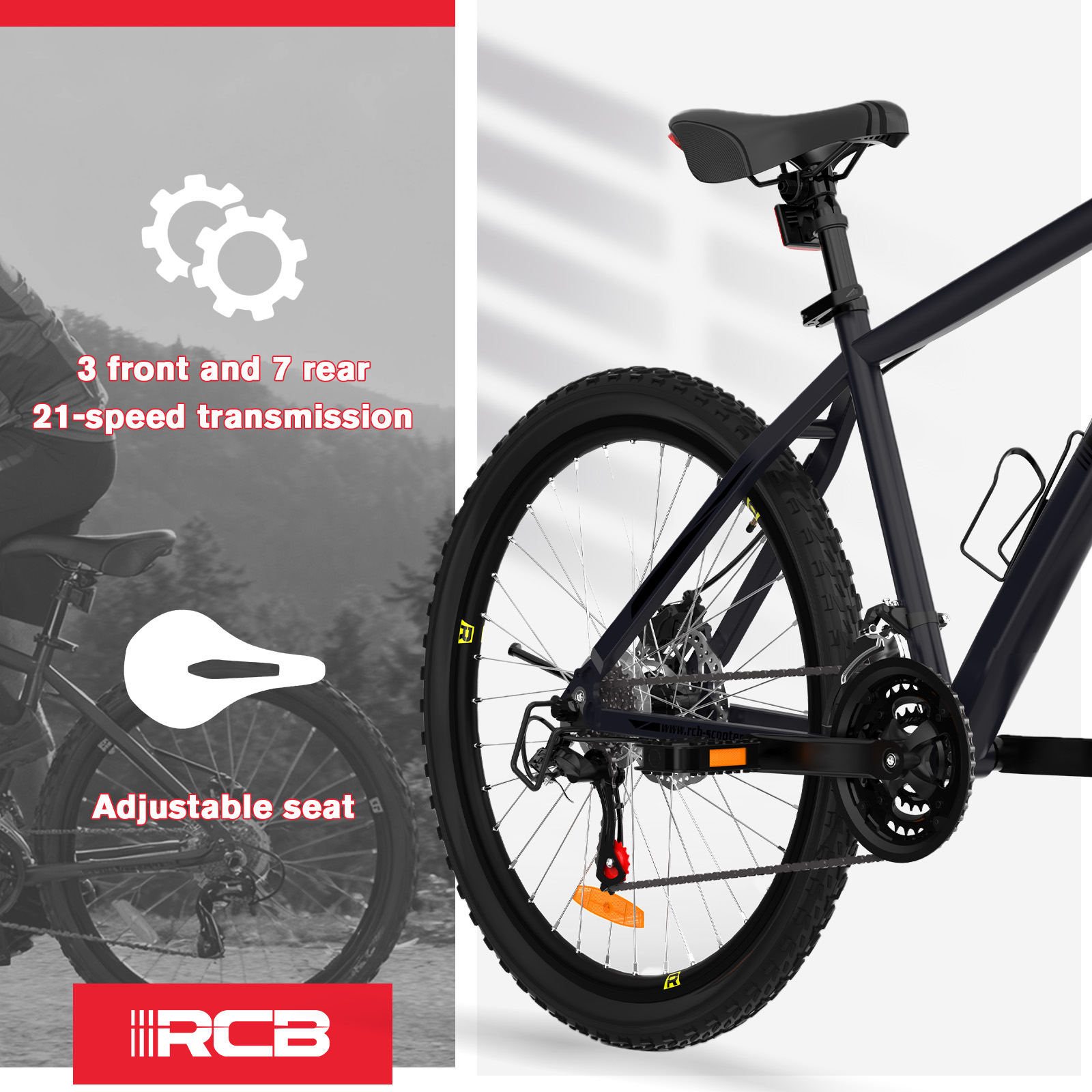 Bicicleta de montaña negra con asiento ajustable, transmisión de 21 velocidades y 3 marchas delanteras/7 traseras. También el logo RCB.